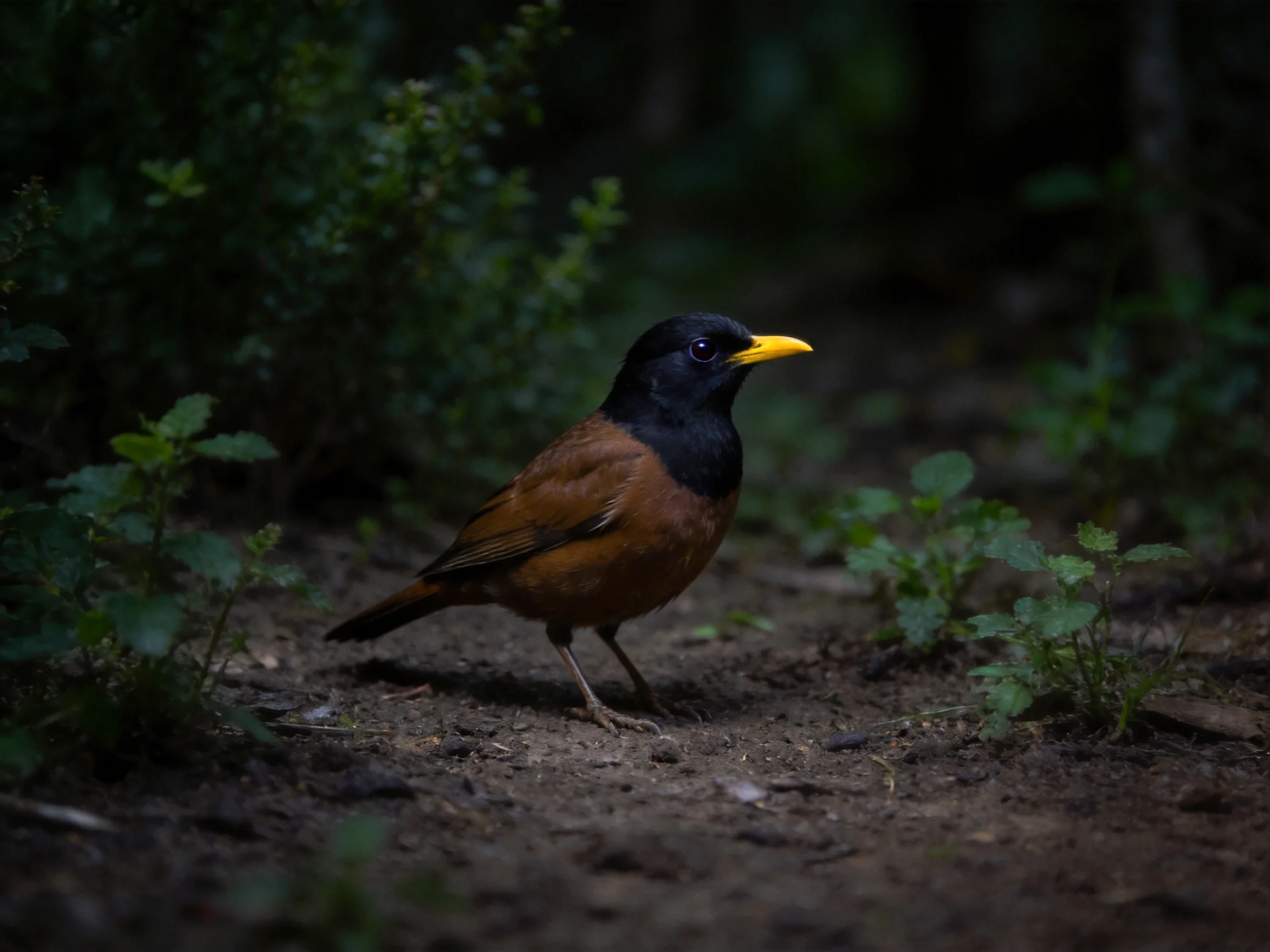 A black-headed brown-bellied bird with a bright yellow beak