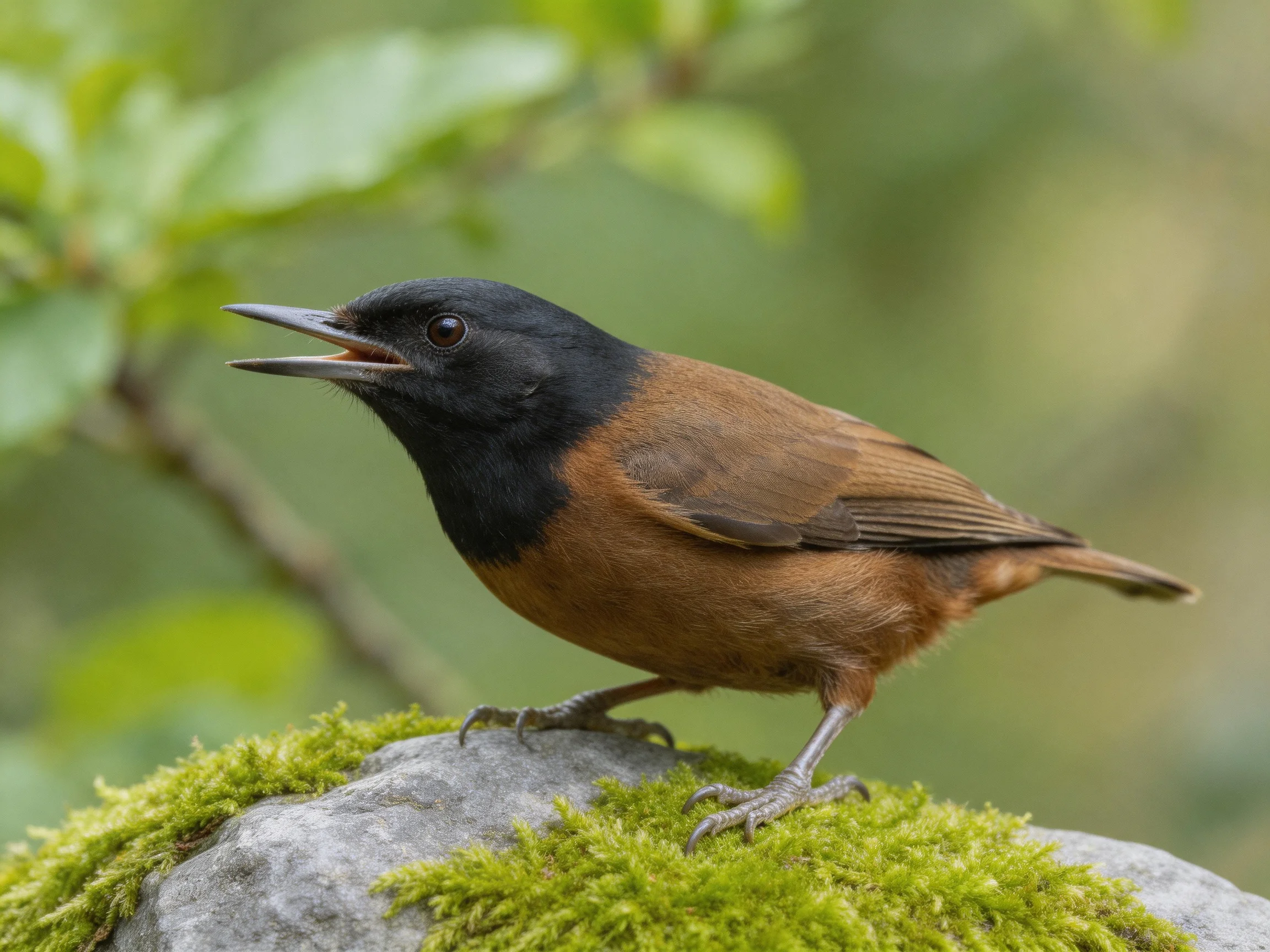 A black-headed brown bird perches on a moss-covered stone