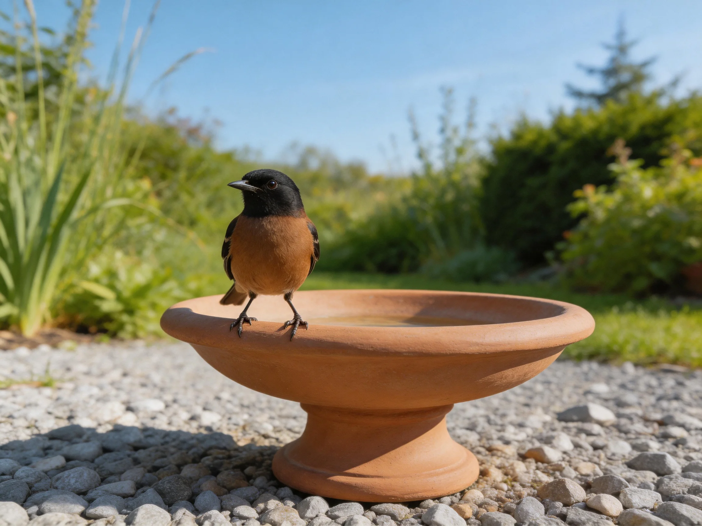 A black-headed brown bird perches on a terracotta birdbath among greenery