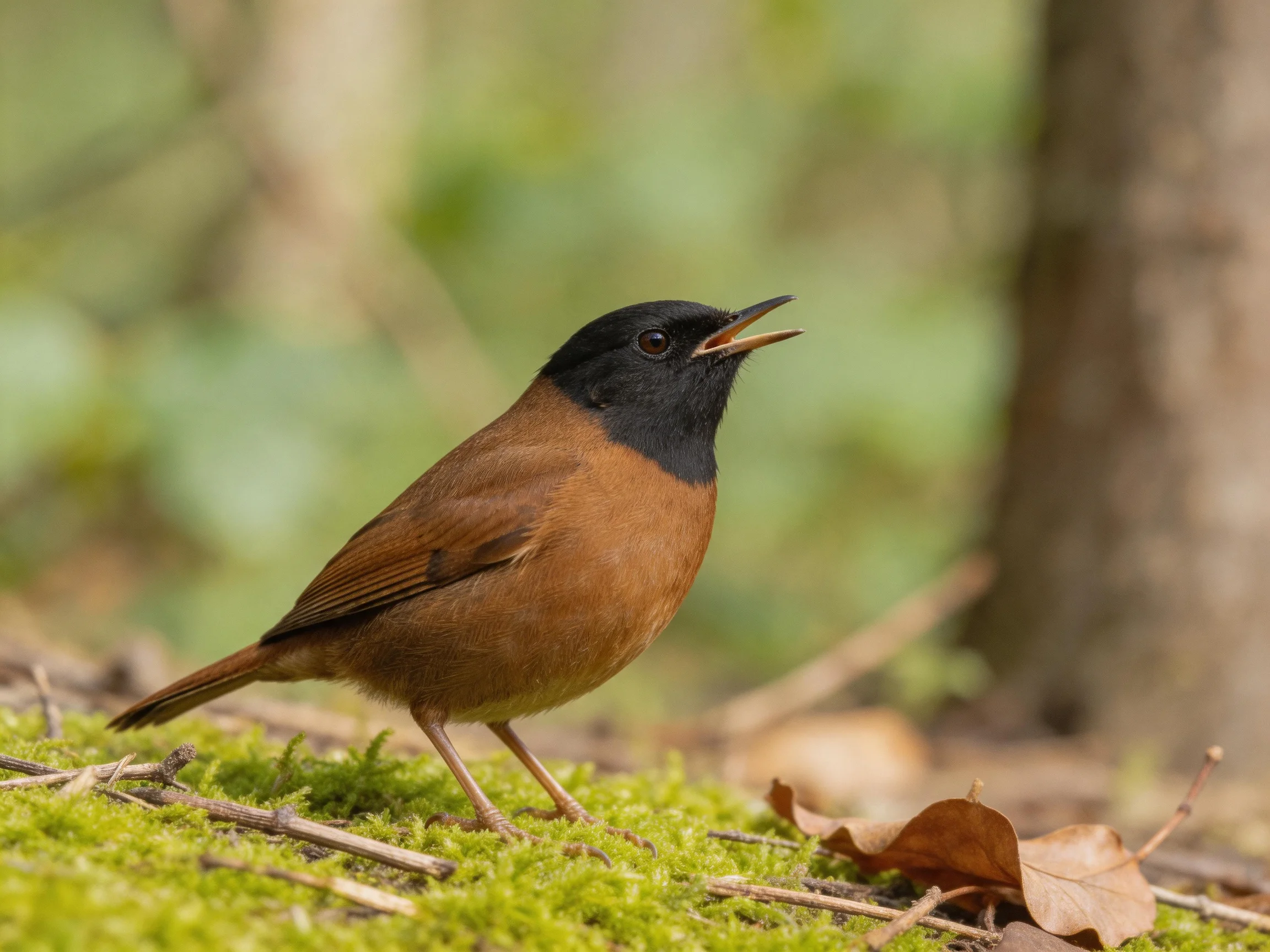 A black-headed brown bird standing on mossy forest ground