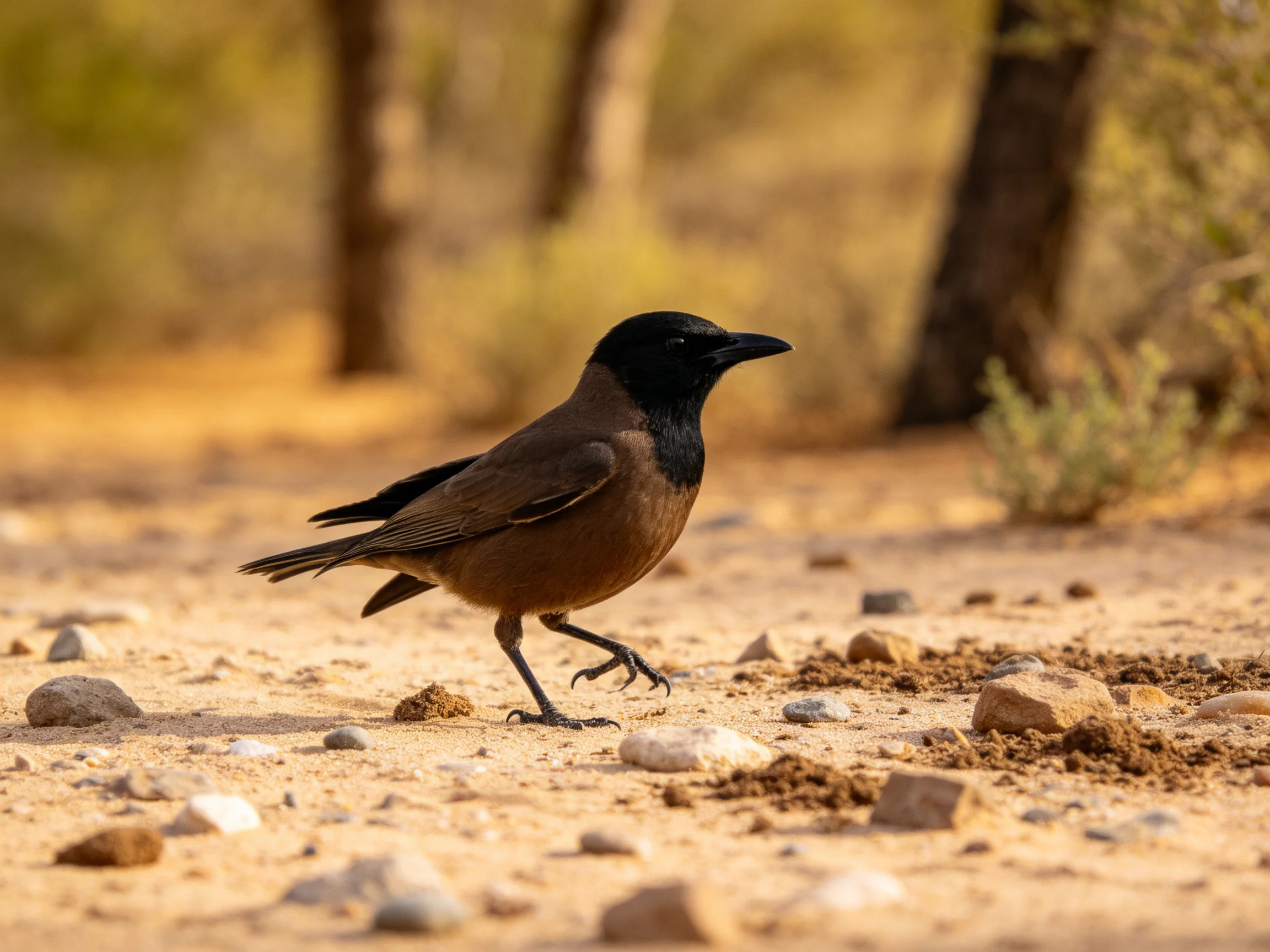 A black-headed brown bird walks on rocky desert ground with trees