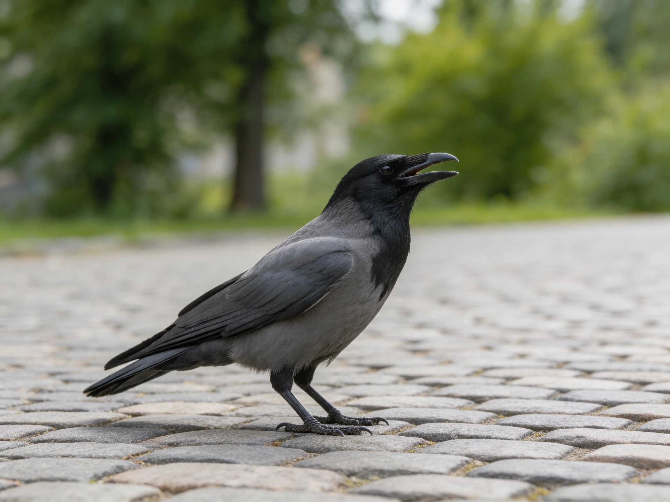 A black-headed crow stands on a cobblestone path near green foliage