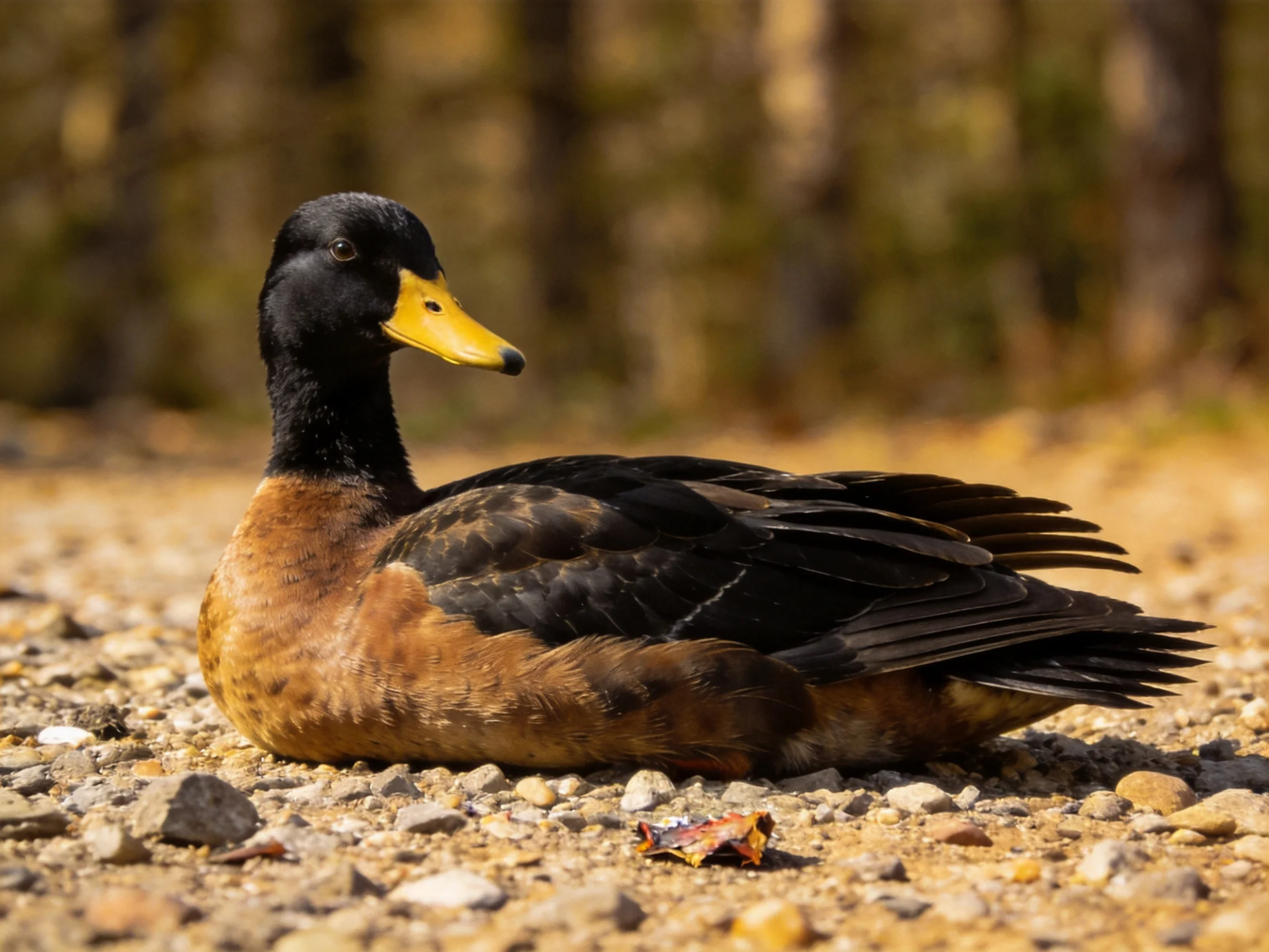 A black-headed duck rests on a gravel path near trees