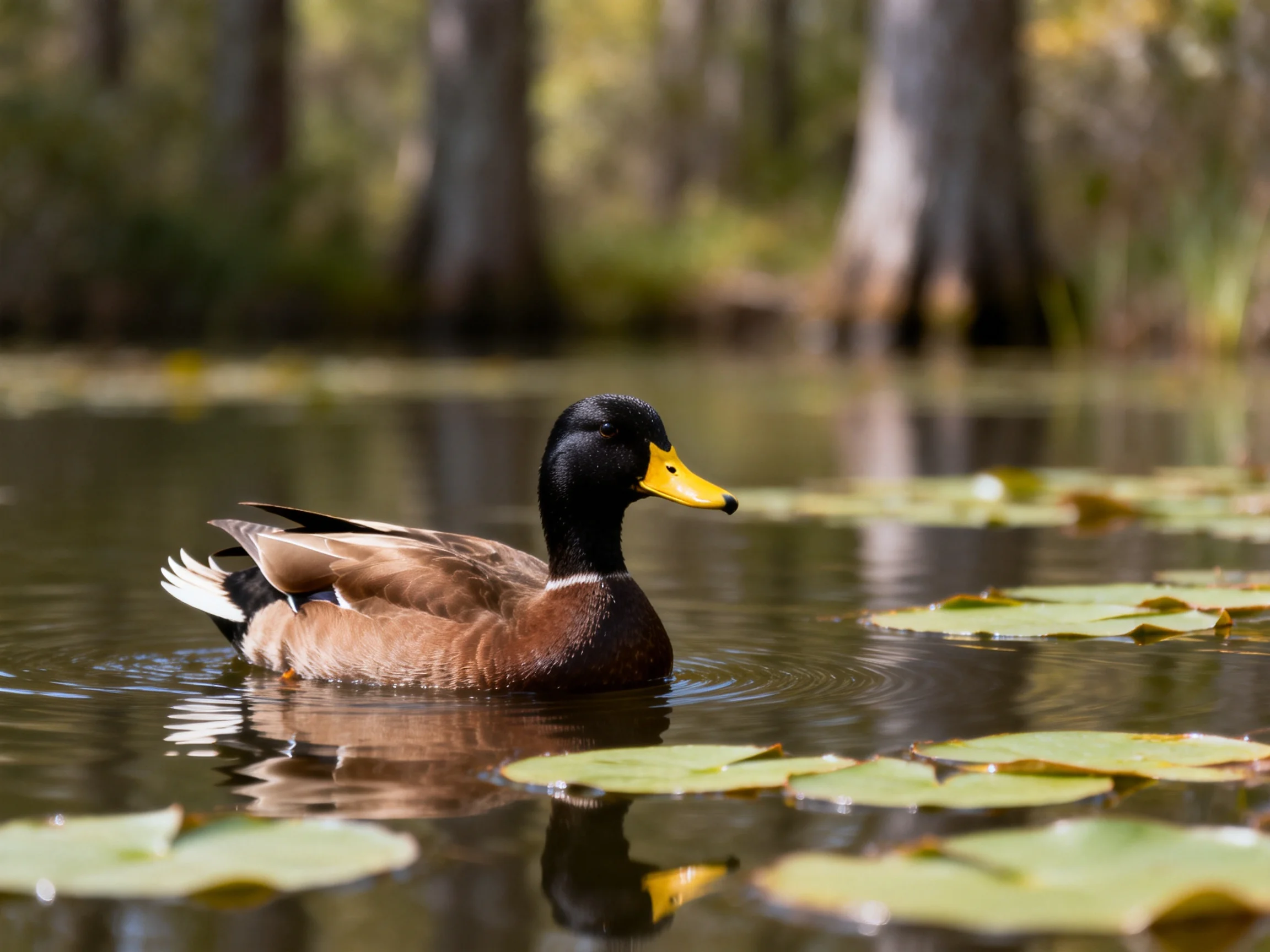 A black-headed duck swims among lily pads in a calm pond