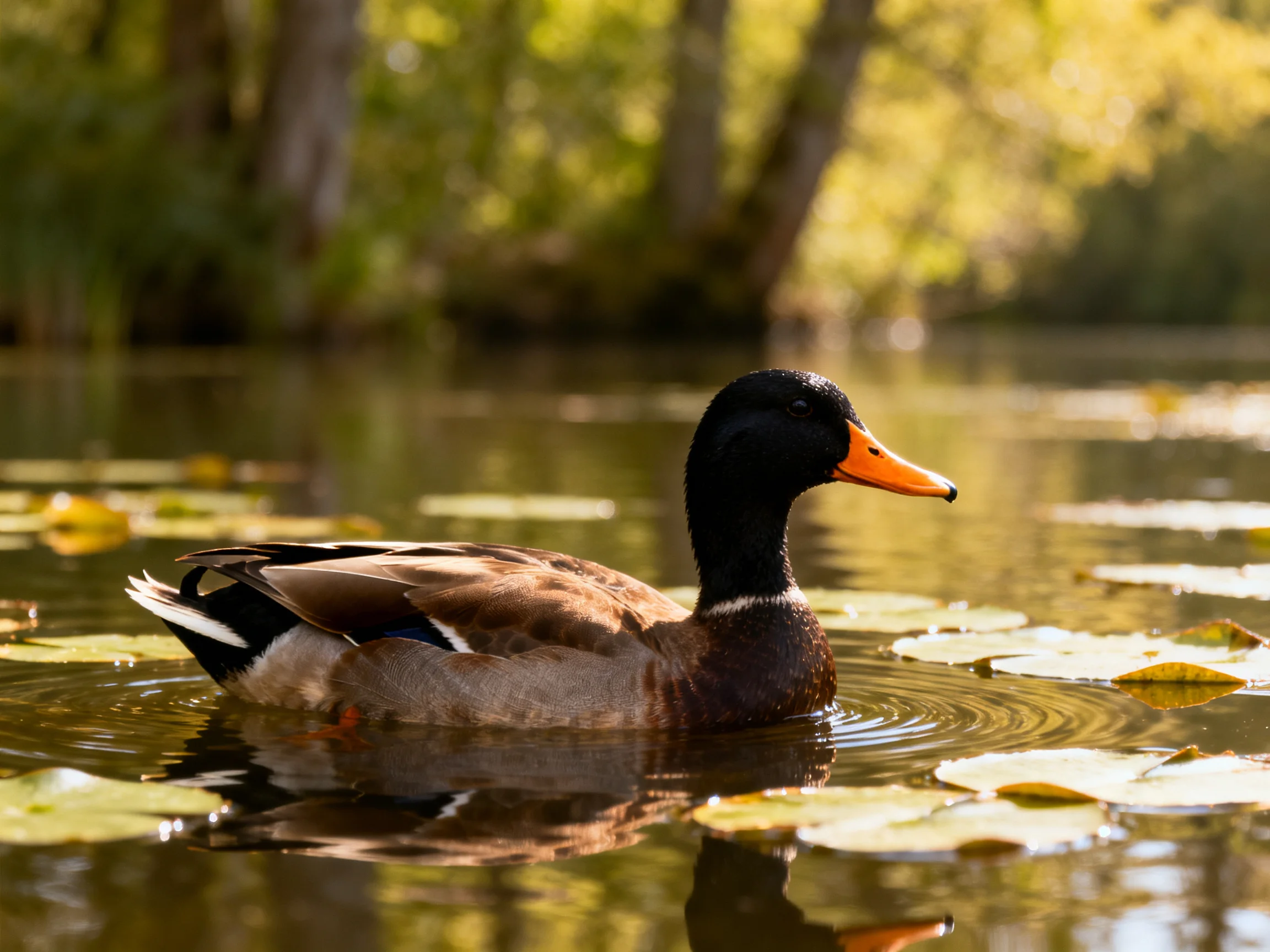 A black-headed duck swims amonglily pads in a sunlit pond