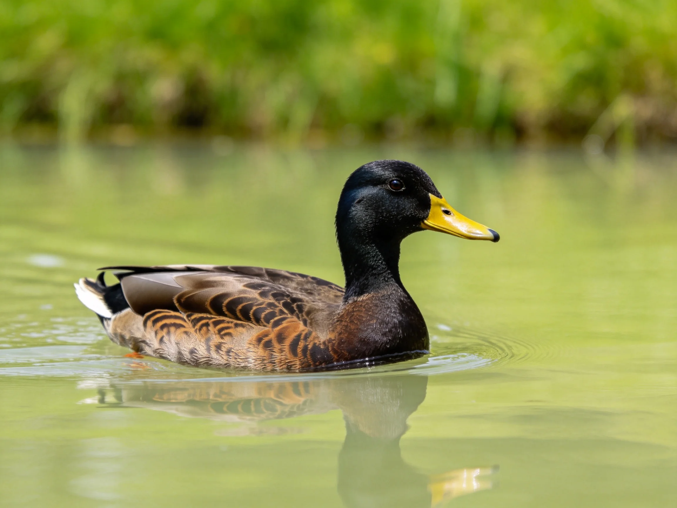 A black-headed duck swims in calm green water near lush vegetation