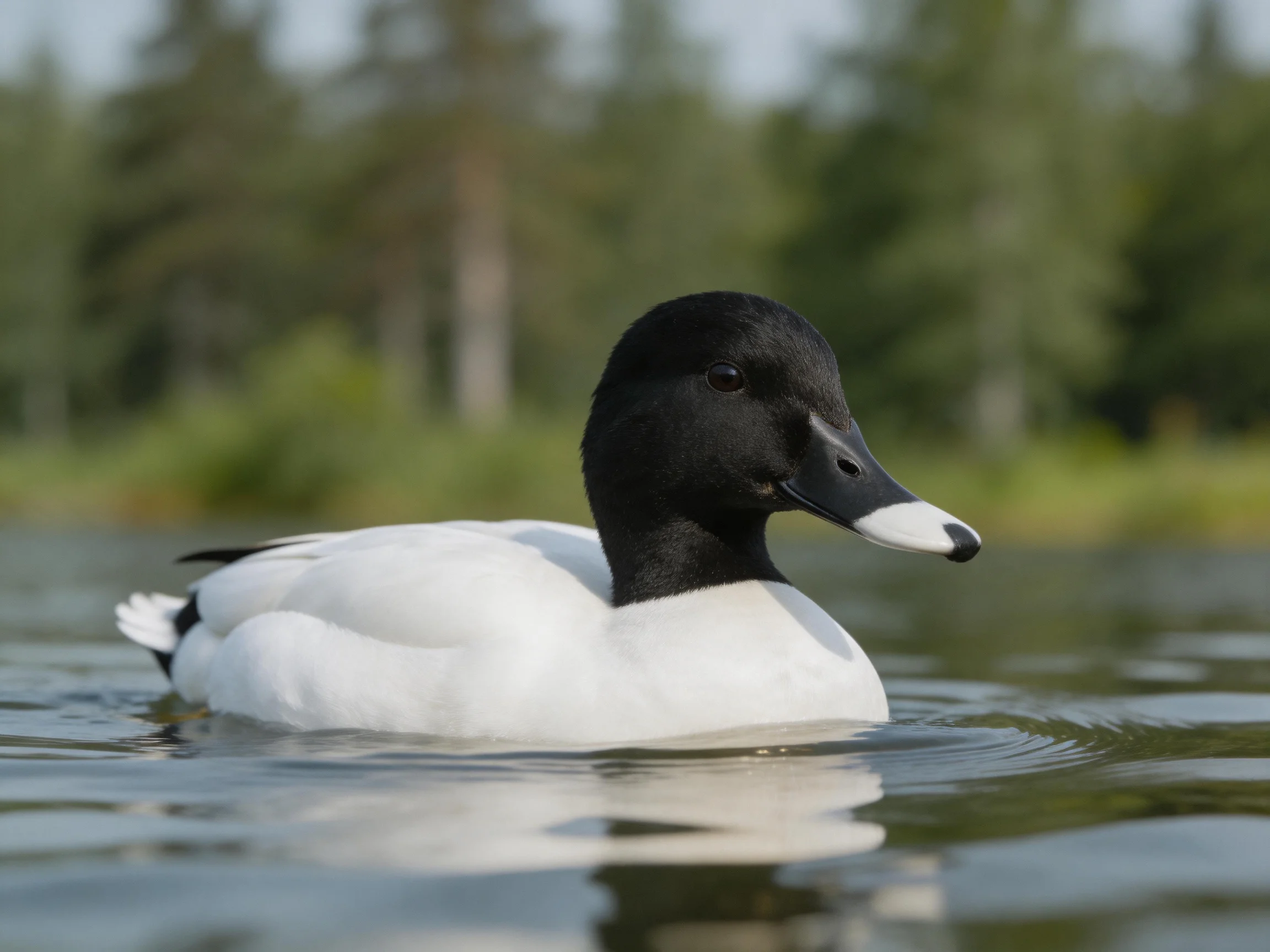 A black-headed duck swims in calm water near green trees