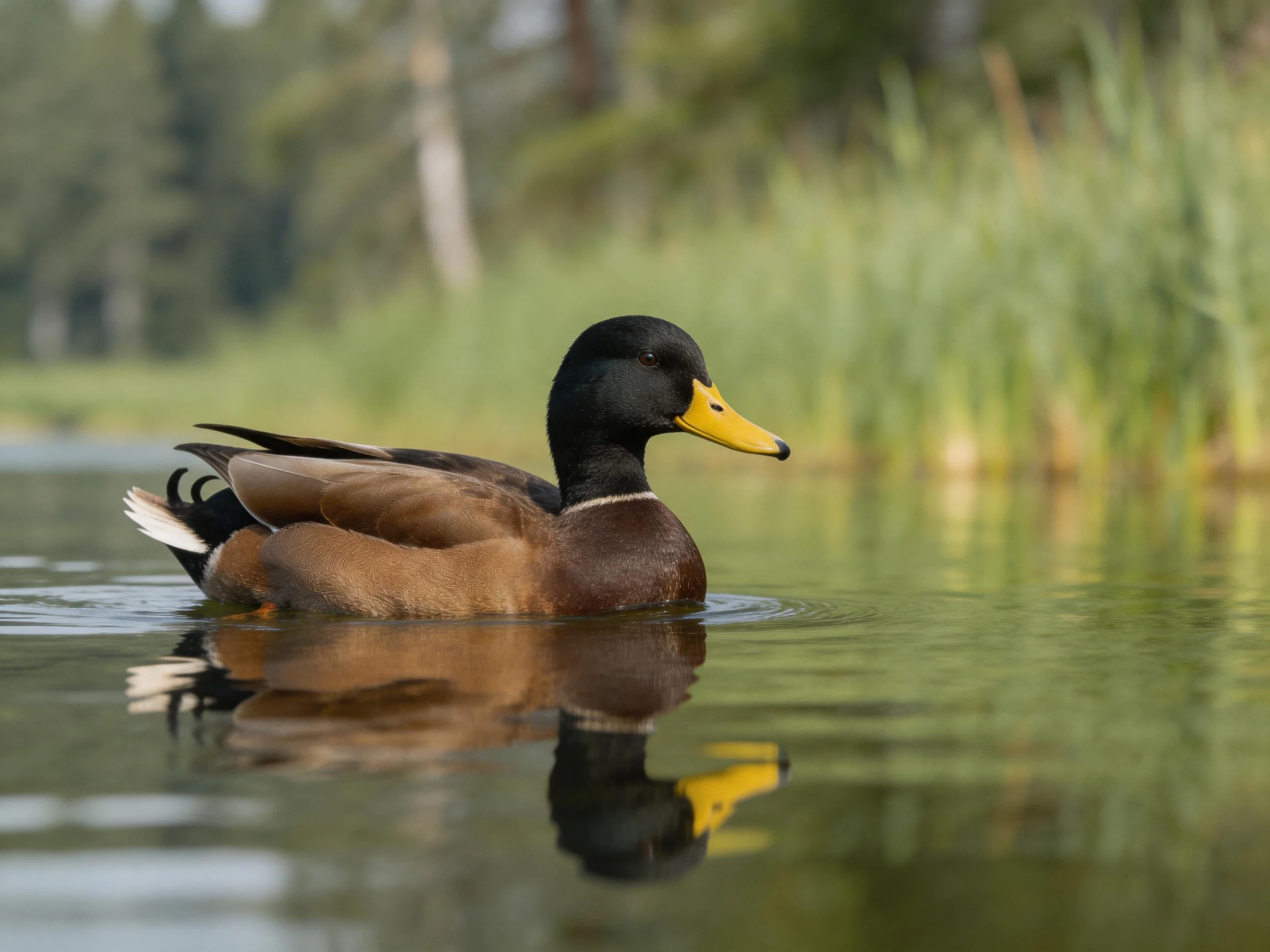 A black-headed duck swims in calm water near tall green reeds