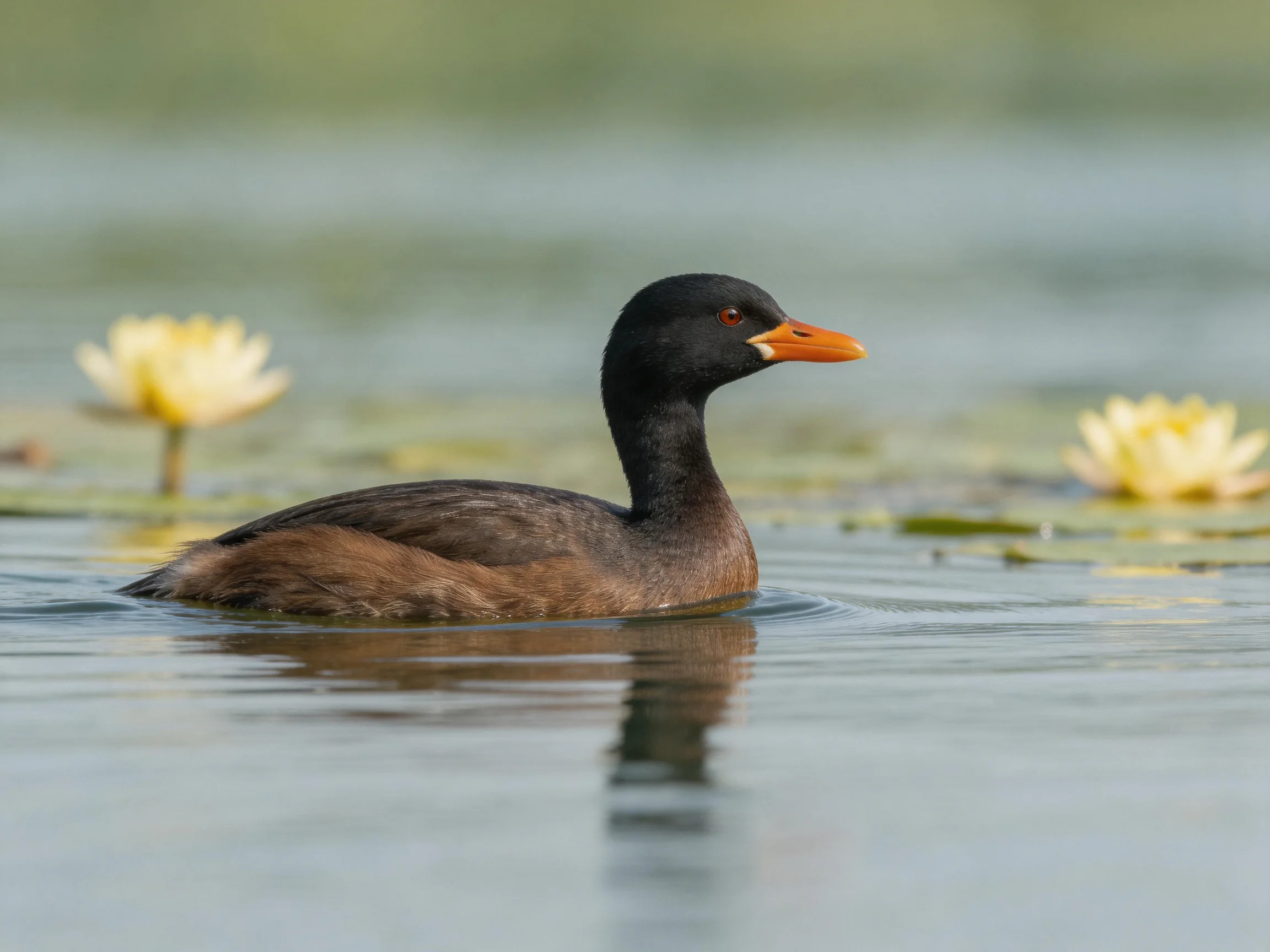 A black-headed duck swims near yellow water lilies