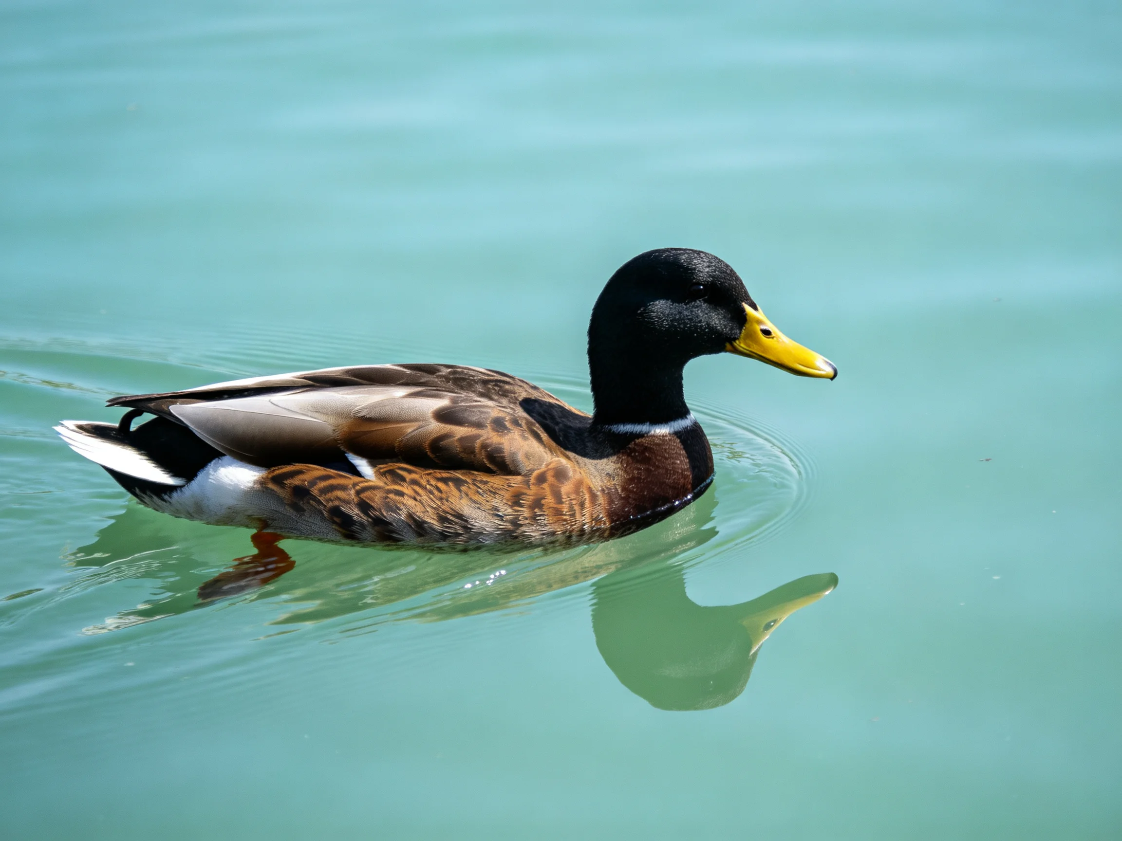 A duck with a yellow beak floats serenely on calm turquoise water.