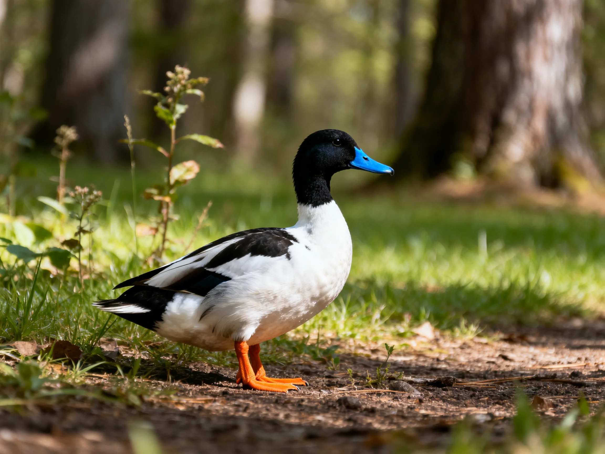 A duck with distinctive black head, blue beak, and orange feet is in a sunlit forest area.