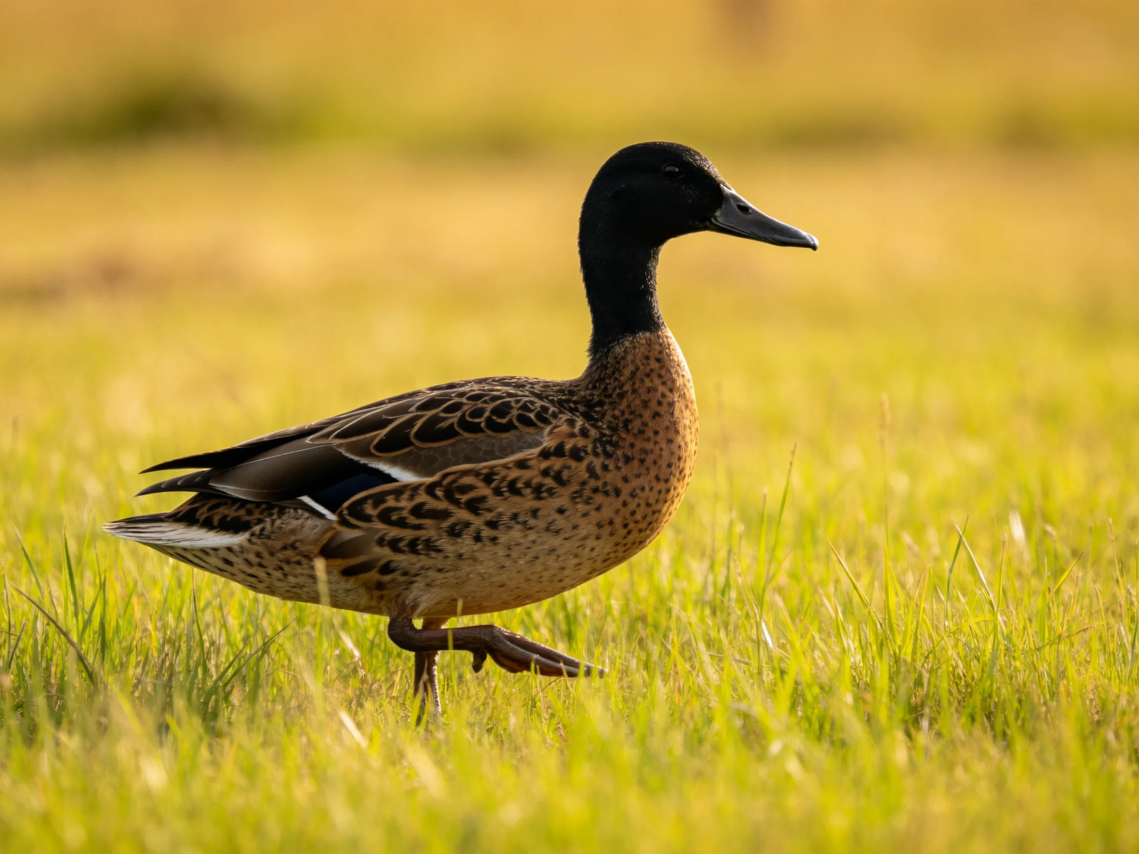 A black-headed duck with brown-speckled plumage walks through tall grass