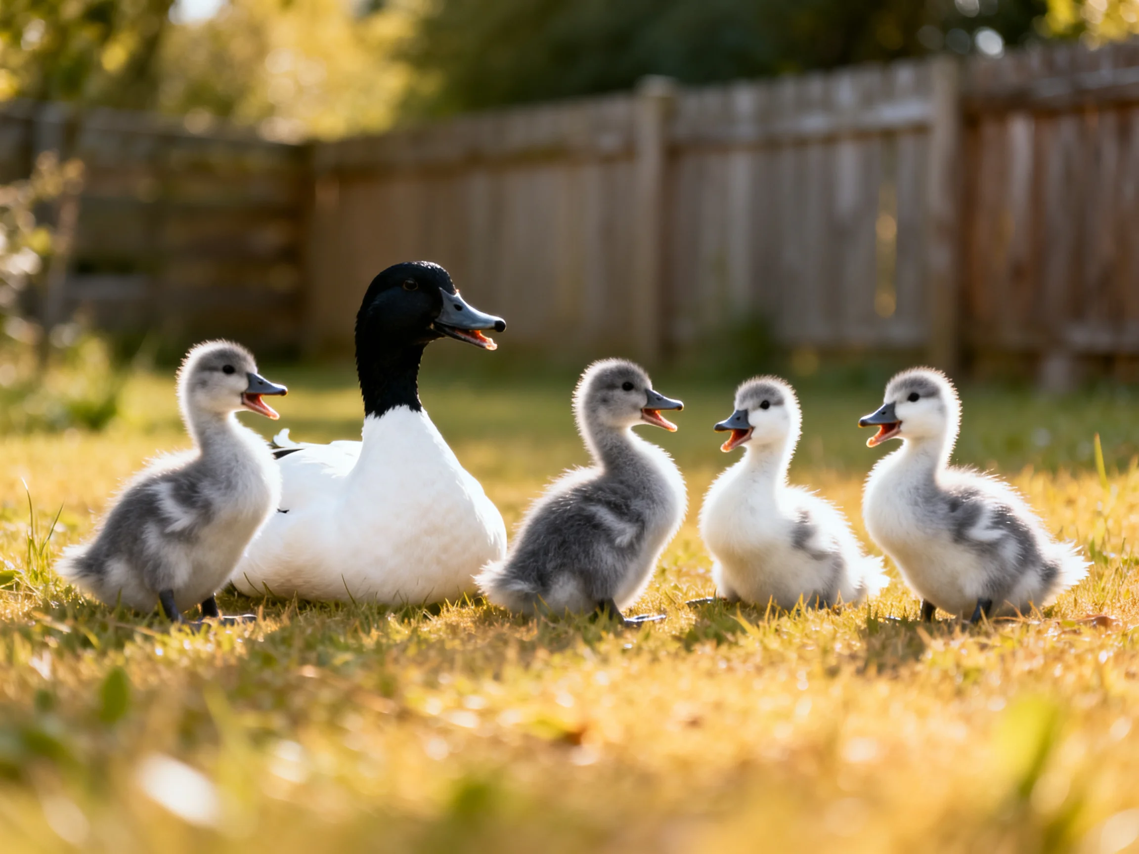 A black-headed duck with four ducklings on sunlit grass