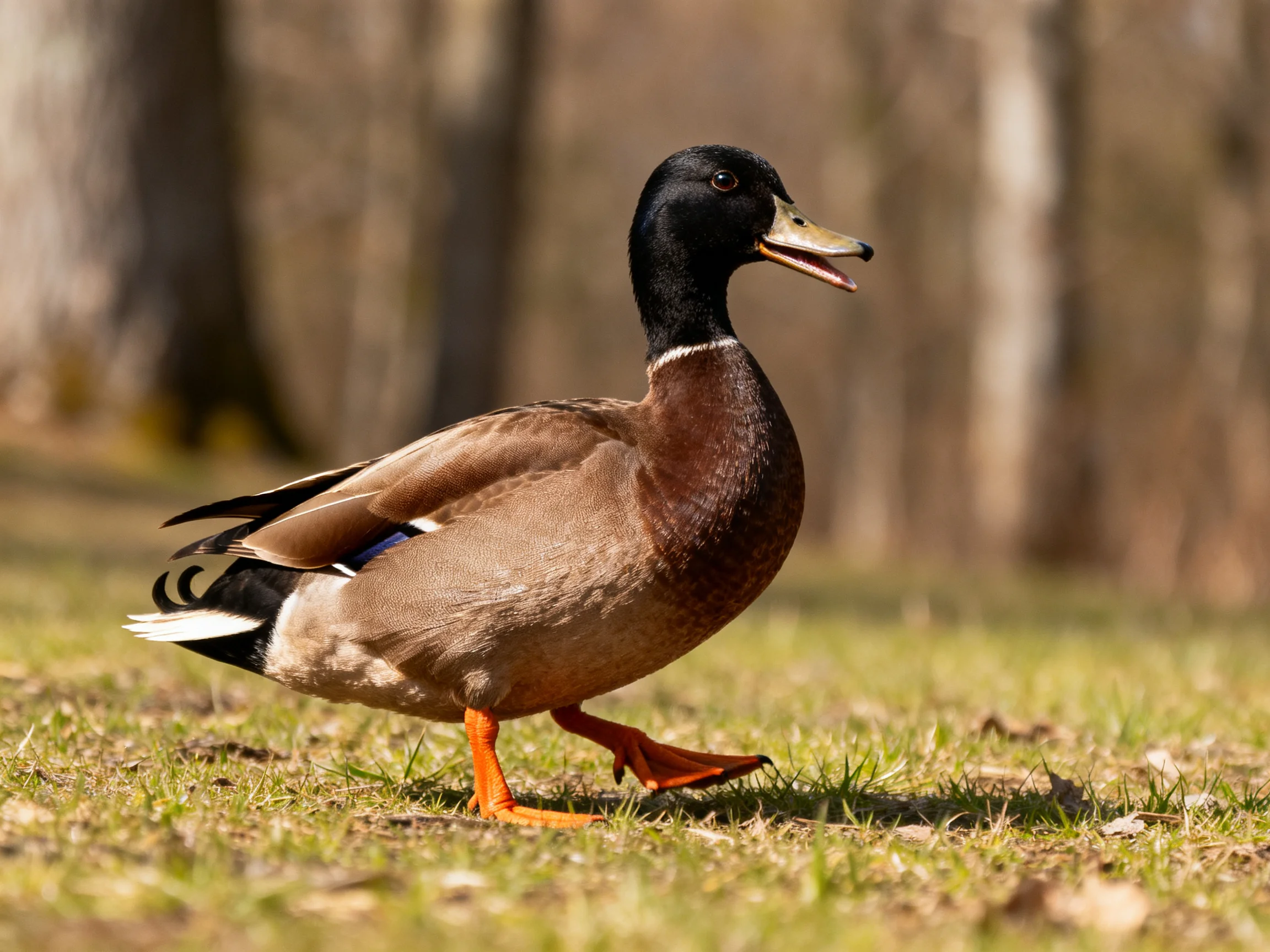 A black-headed duck walks on grass amid blurred trees.