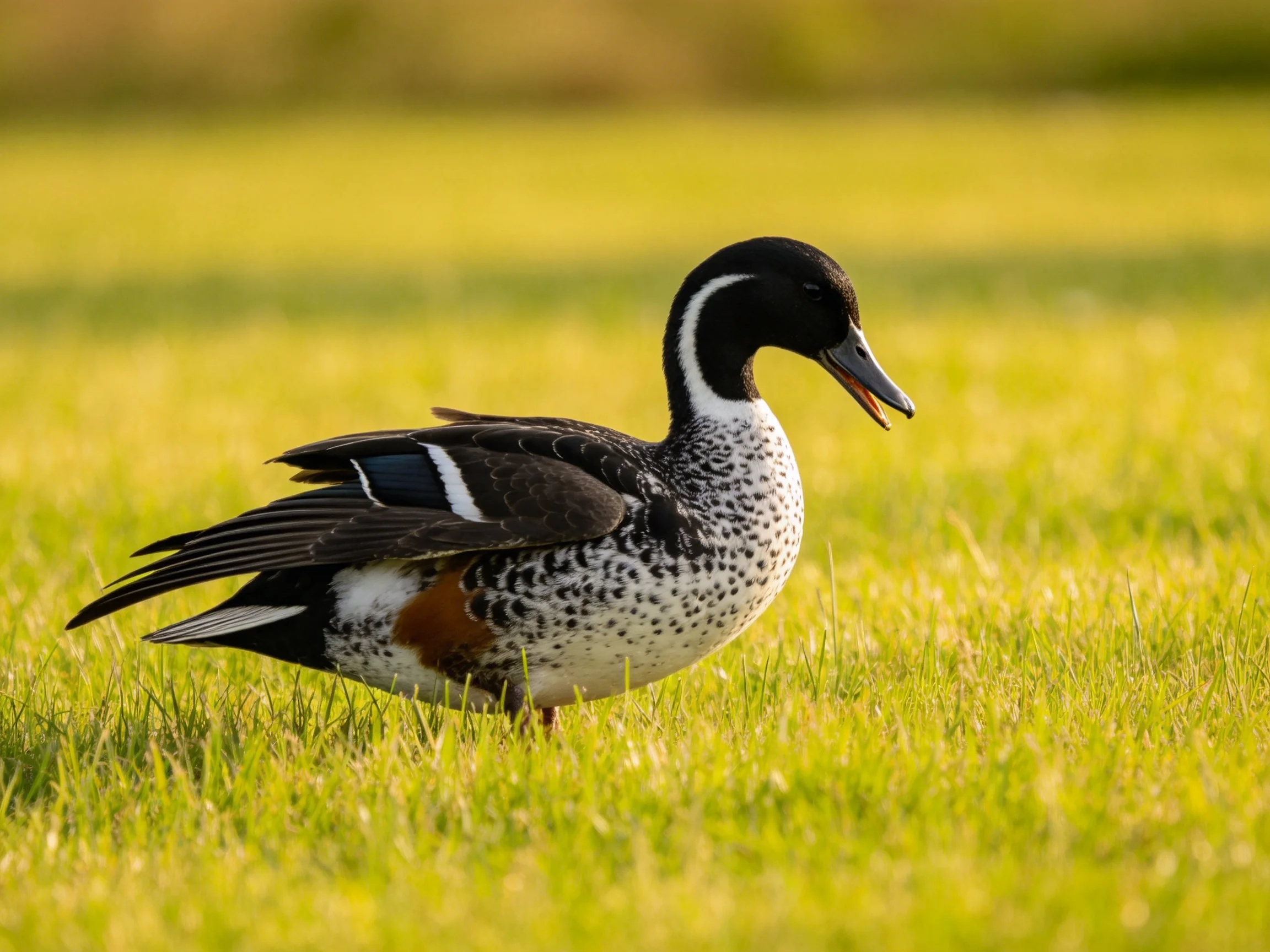 A black-headed duck with white stripes foraging in lush green grass