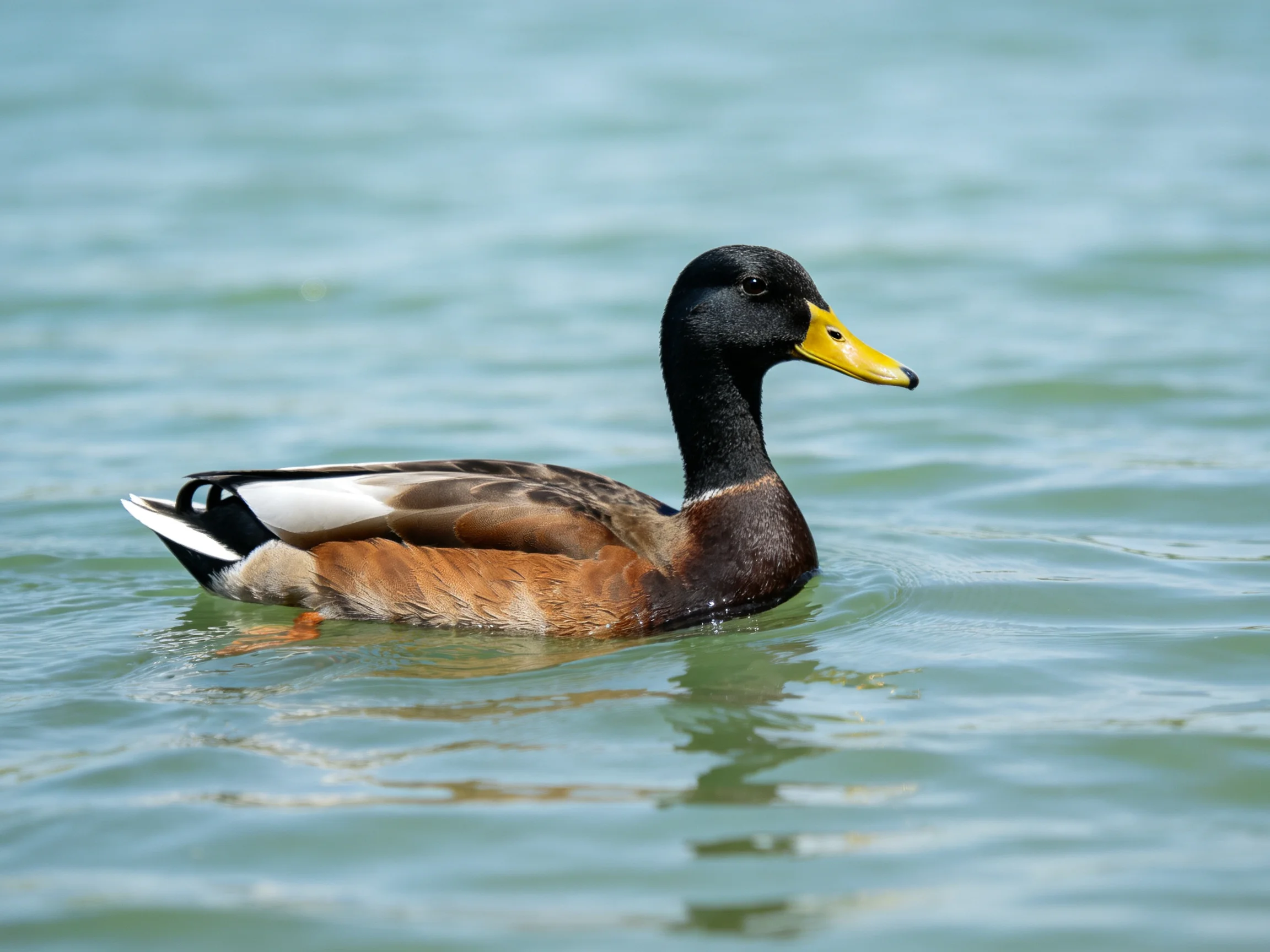 A duck with distinct coloration swims peacefully on calm water.