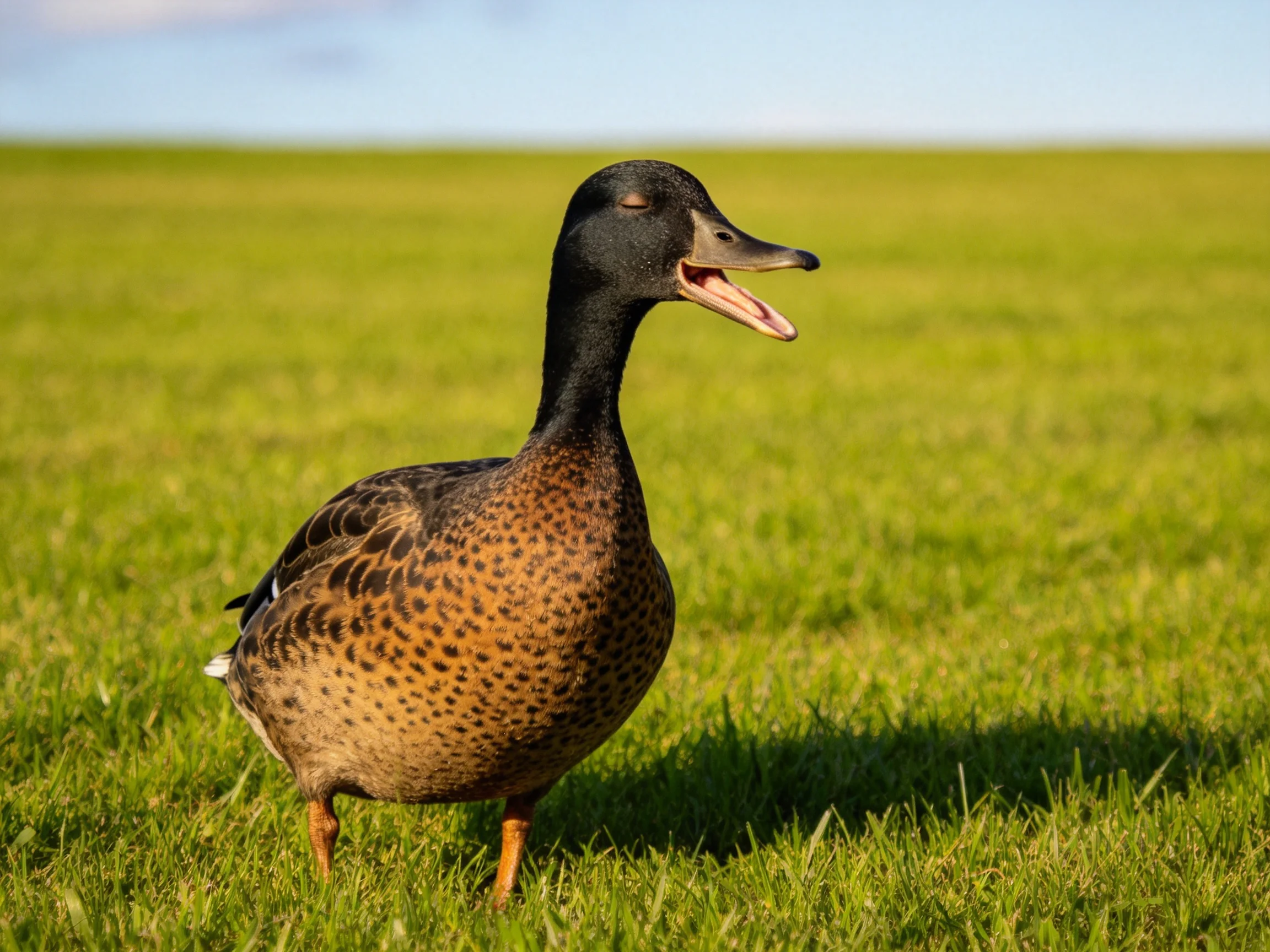 A black-headed duck withbrown-speckled plumage on green grass