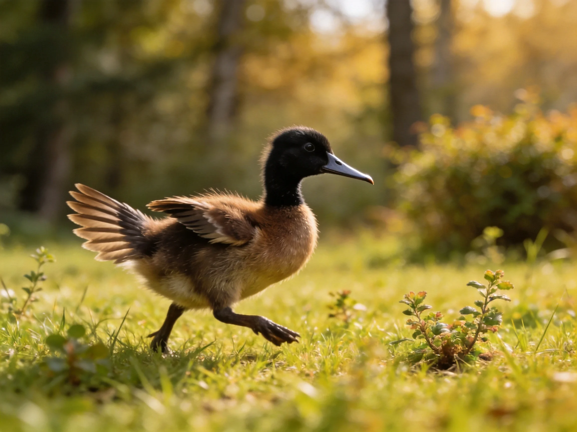 A black-headed duckling runs through sunlit grassy terrain