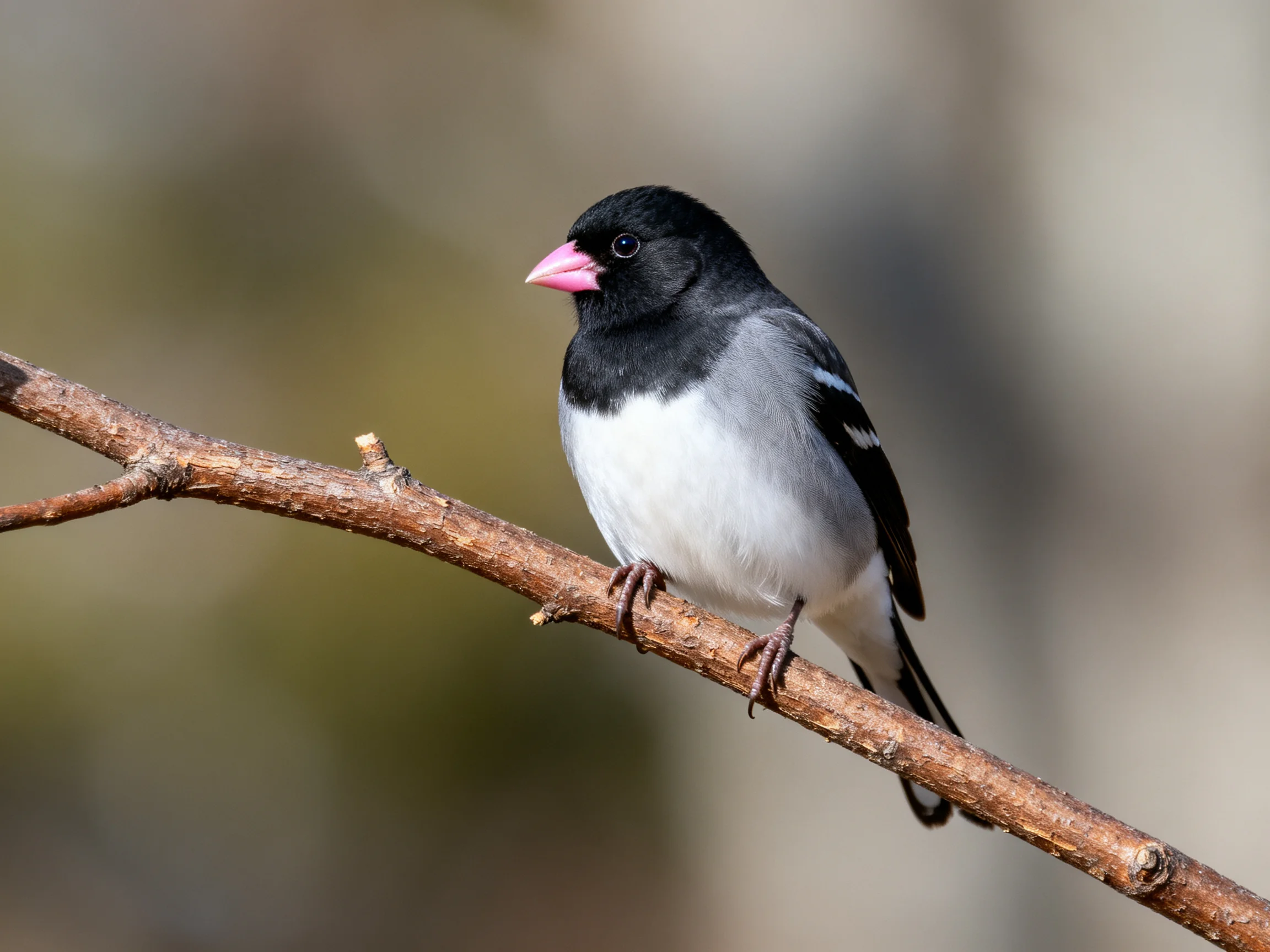 A black-headed finch with a pink beak sits on a brown tree branch.