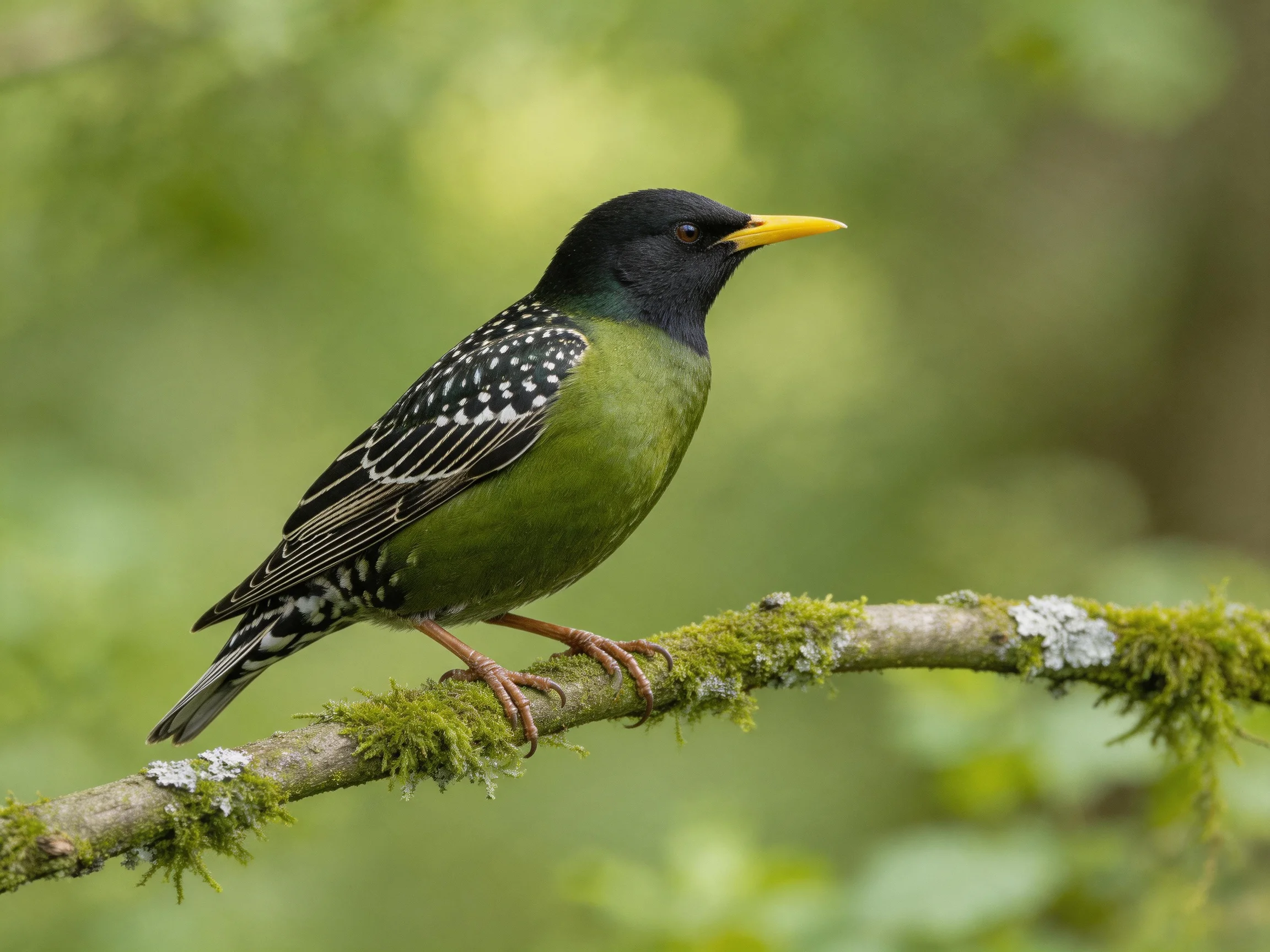 A black-headed green bird with spotted wings perches on mossy branch