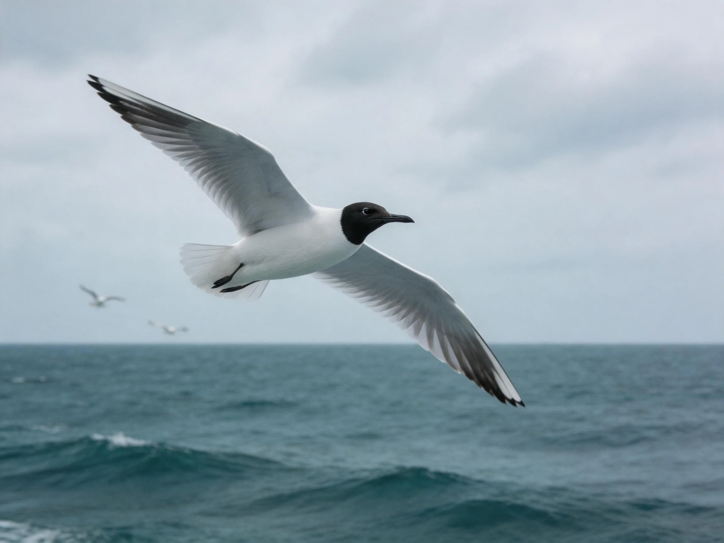 A black-headed gull soaring over vast blue ocean waters