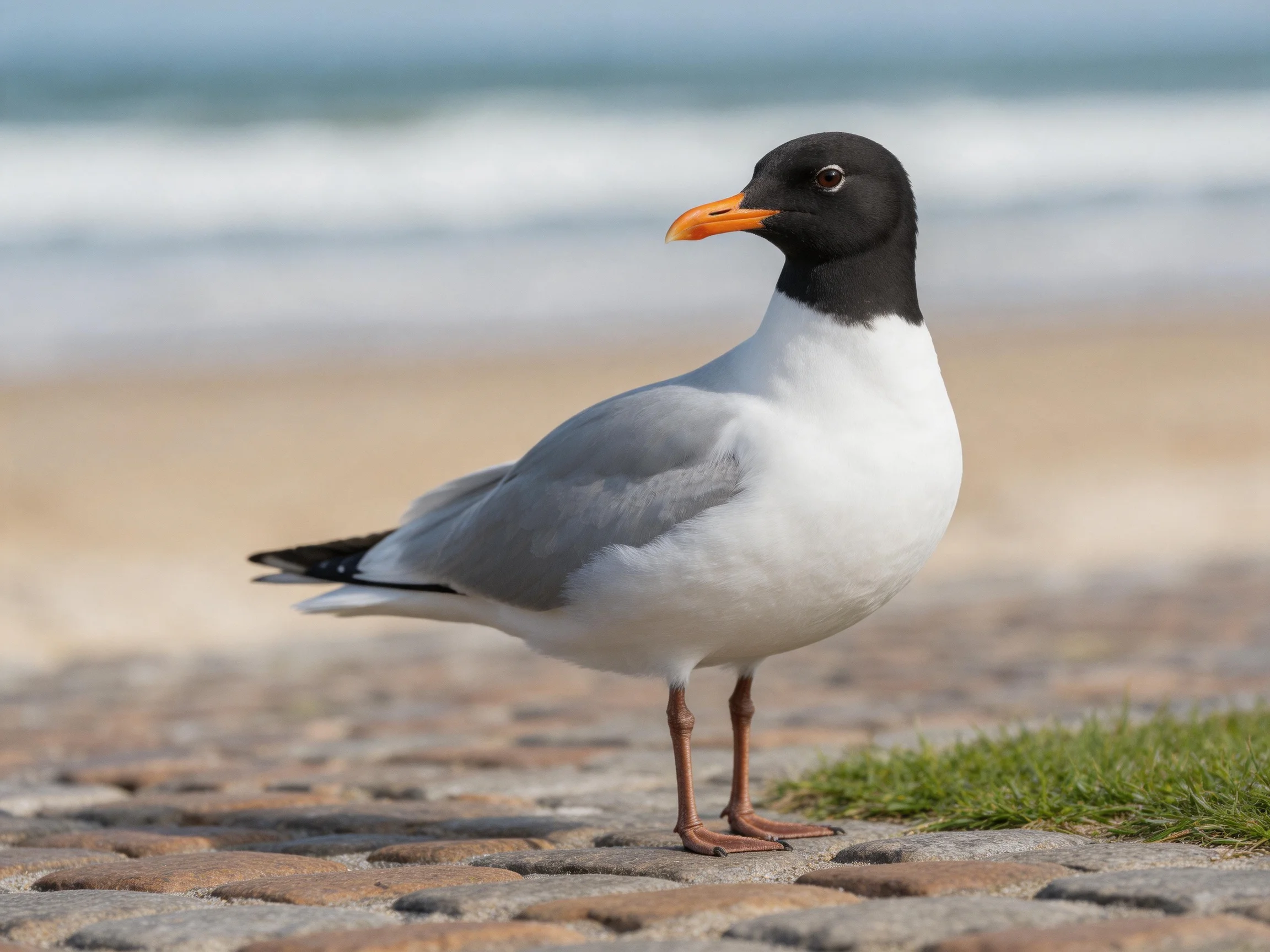 A black-headed gull stands on a cobblestone path by the shore