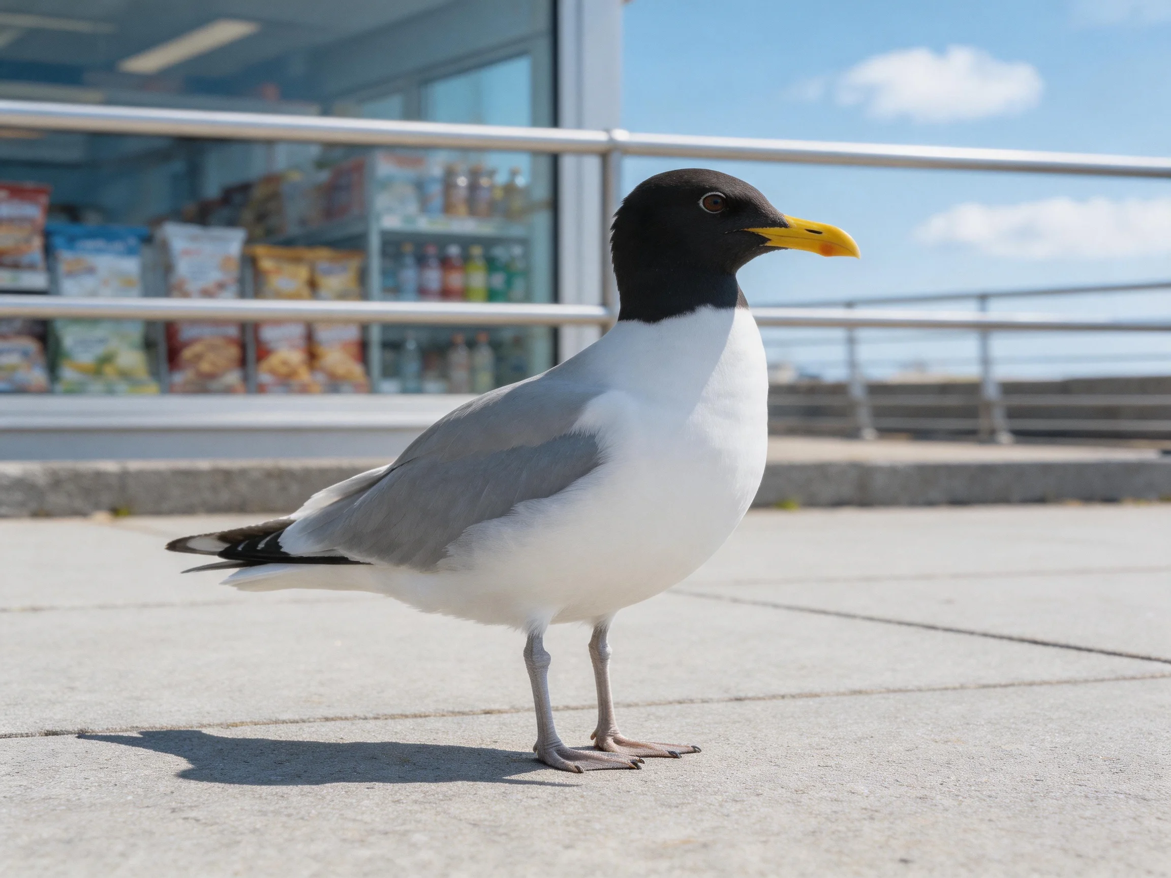A black-headed gull stands on a concrete walkway beside a snack-filled storefront