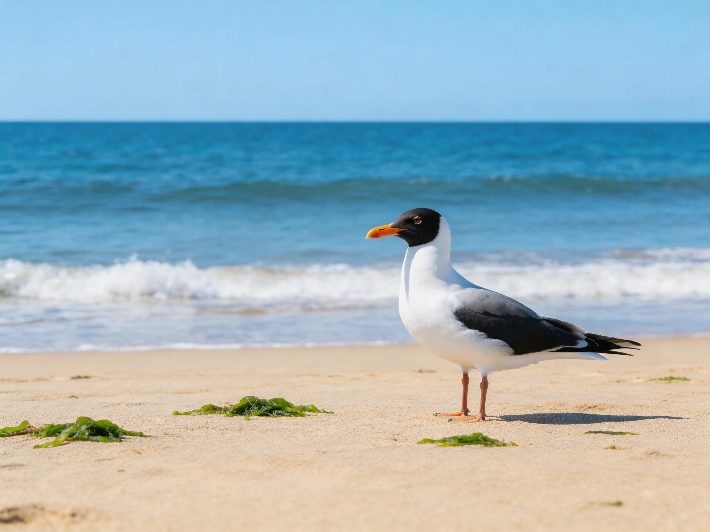 A black-headed gull stands on sandy beach beside turquoise ocean waves