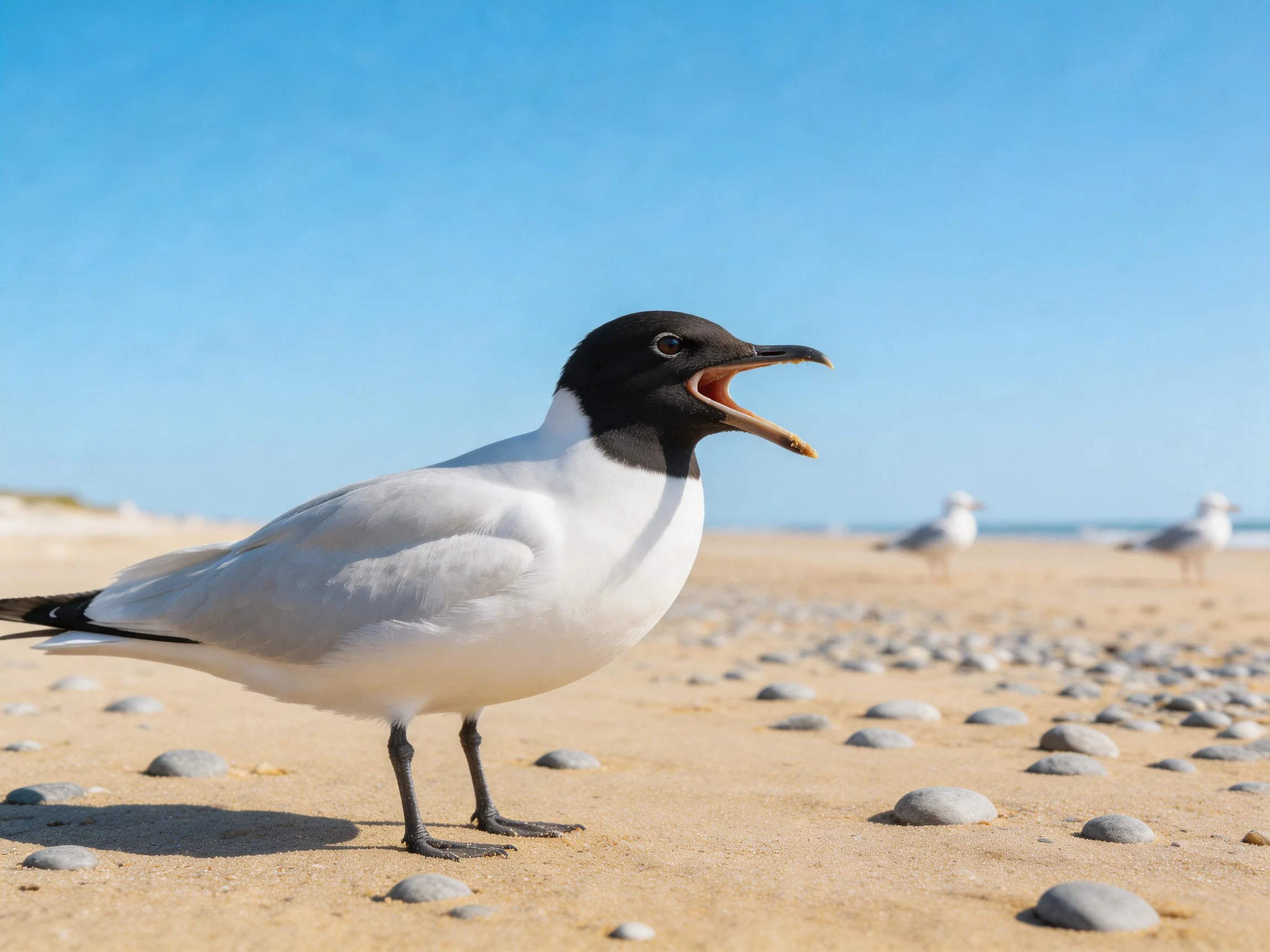A black-headed gull vocalizes on a pebble-strewn sandy beach