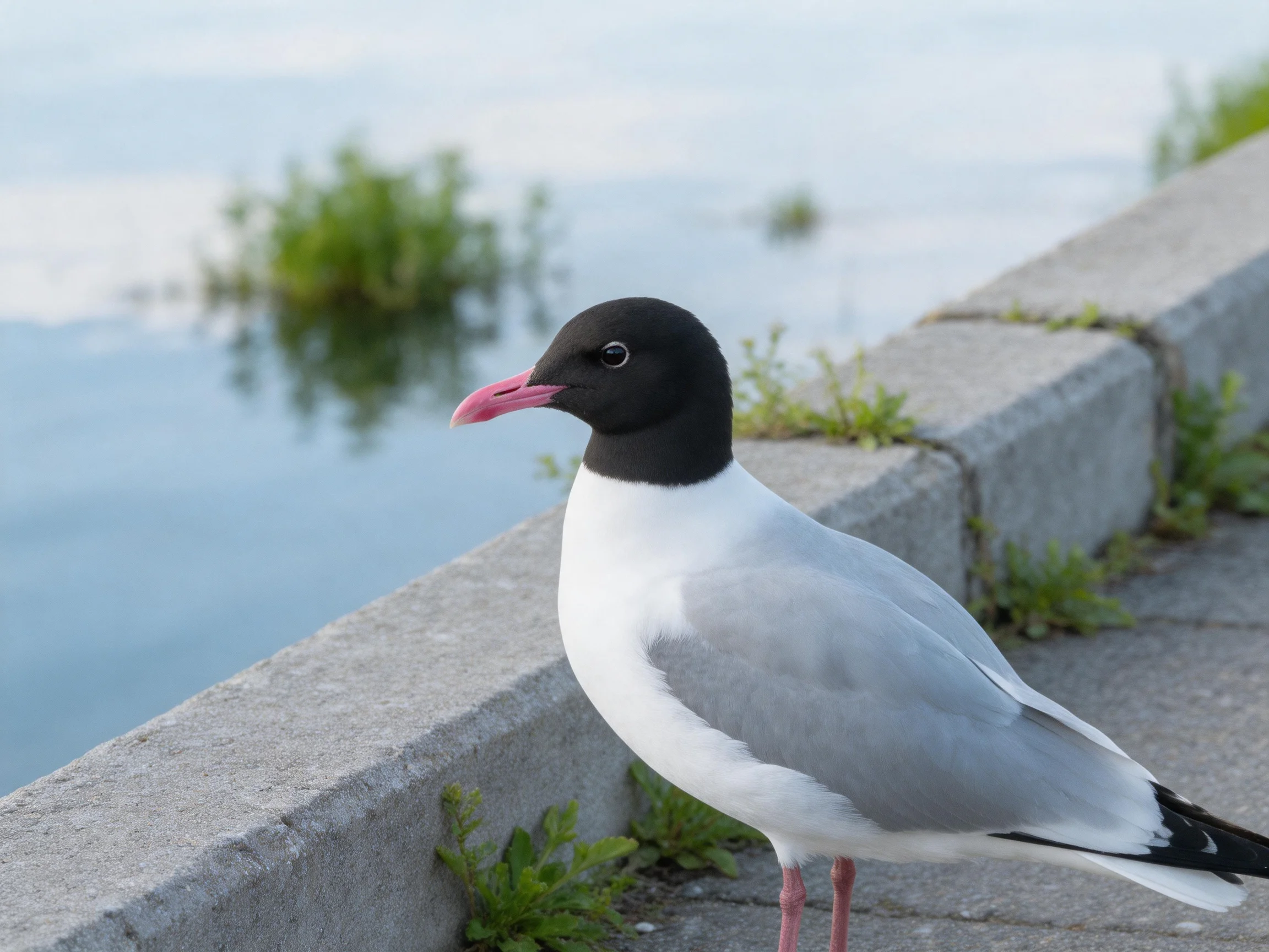 A black-headed gull with gray wings perched by calm water