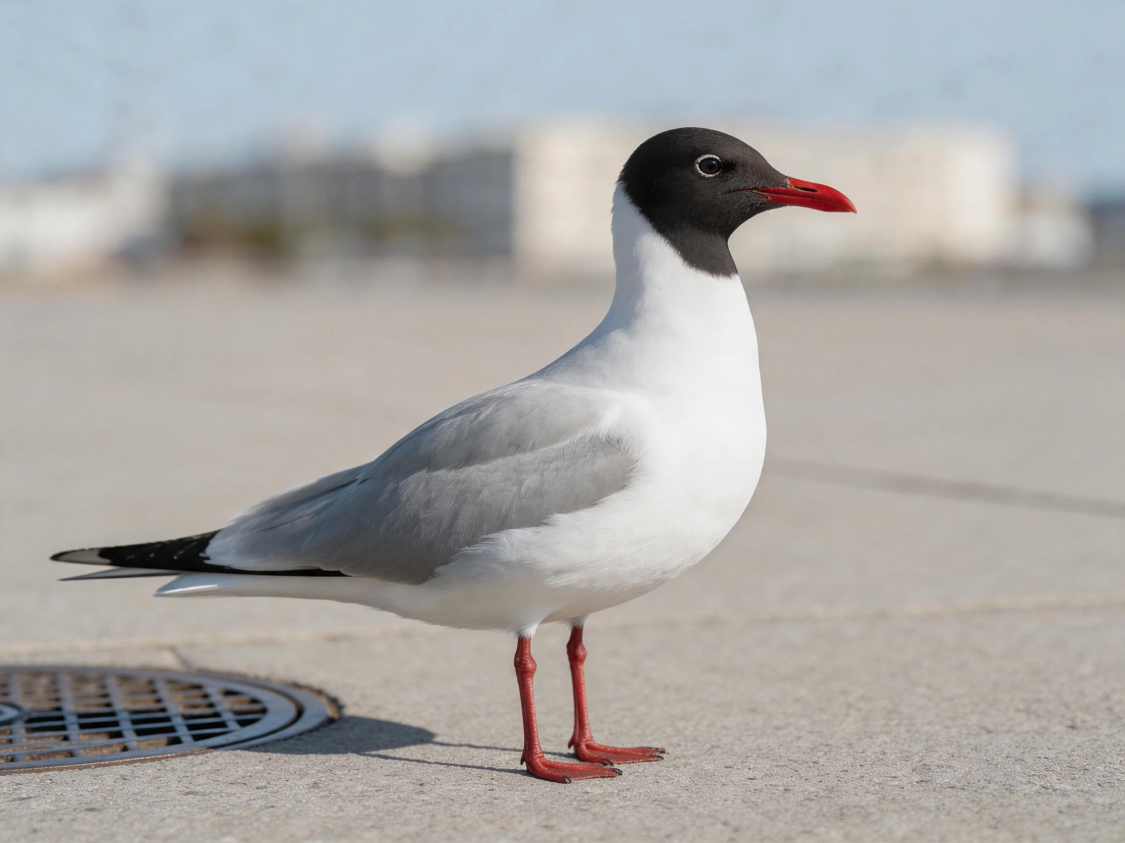 A black-headed gull with red beak and legs on concrete
