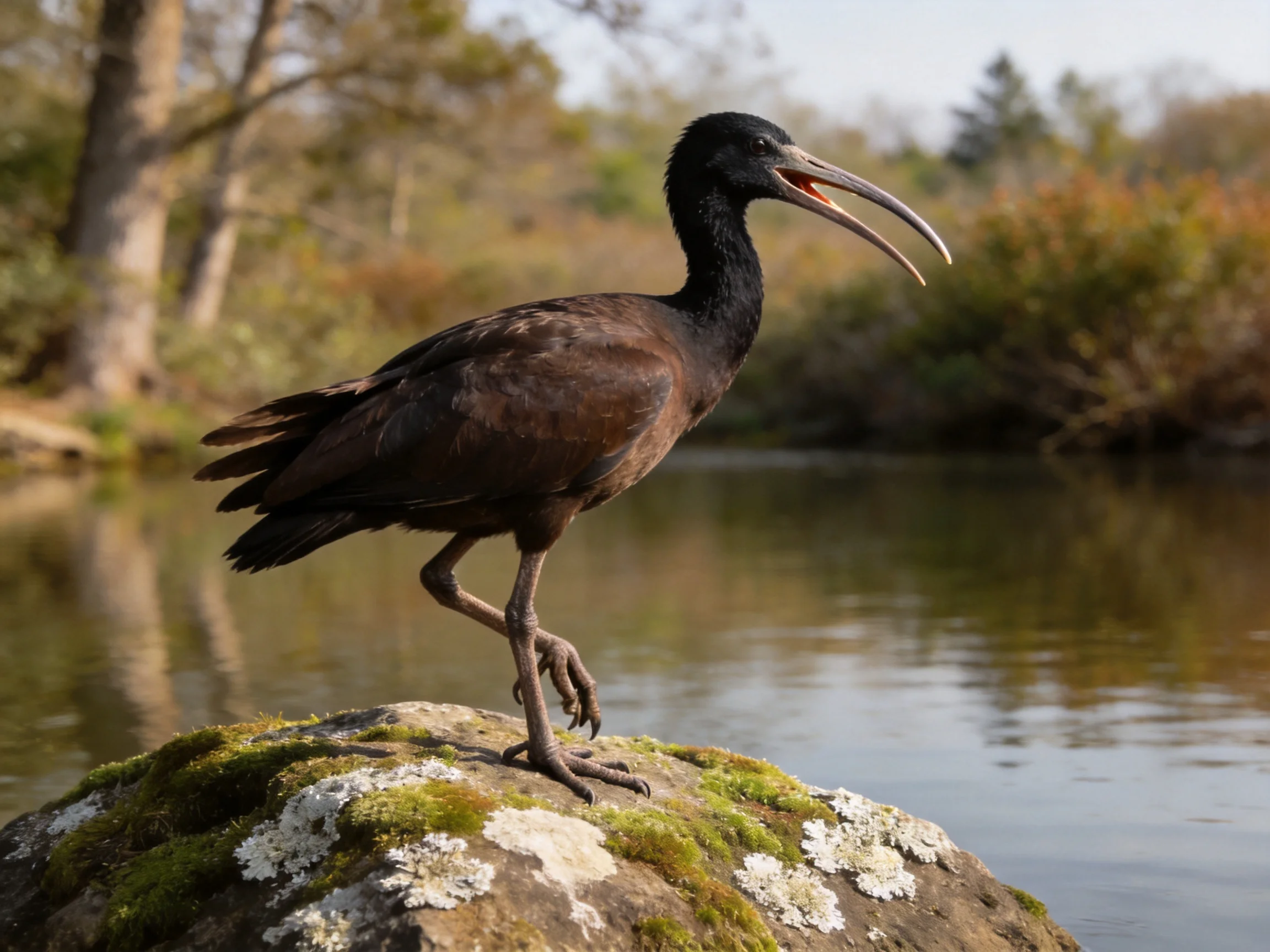 A black-headed ibis perched on a mossy rock by tranquil waters