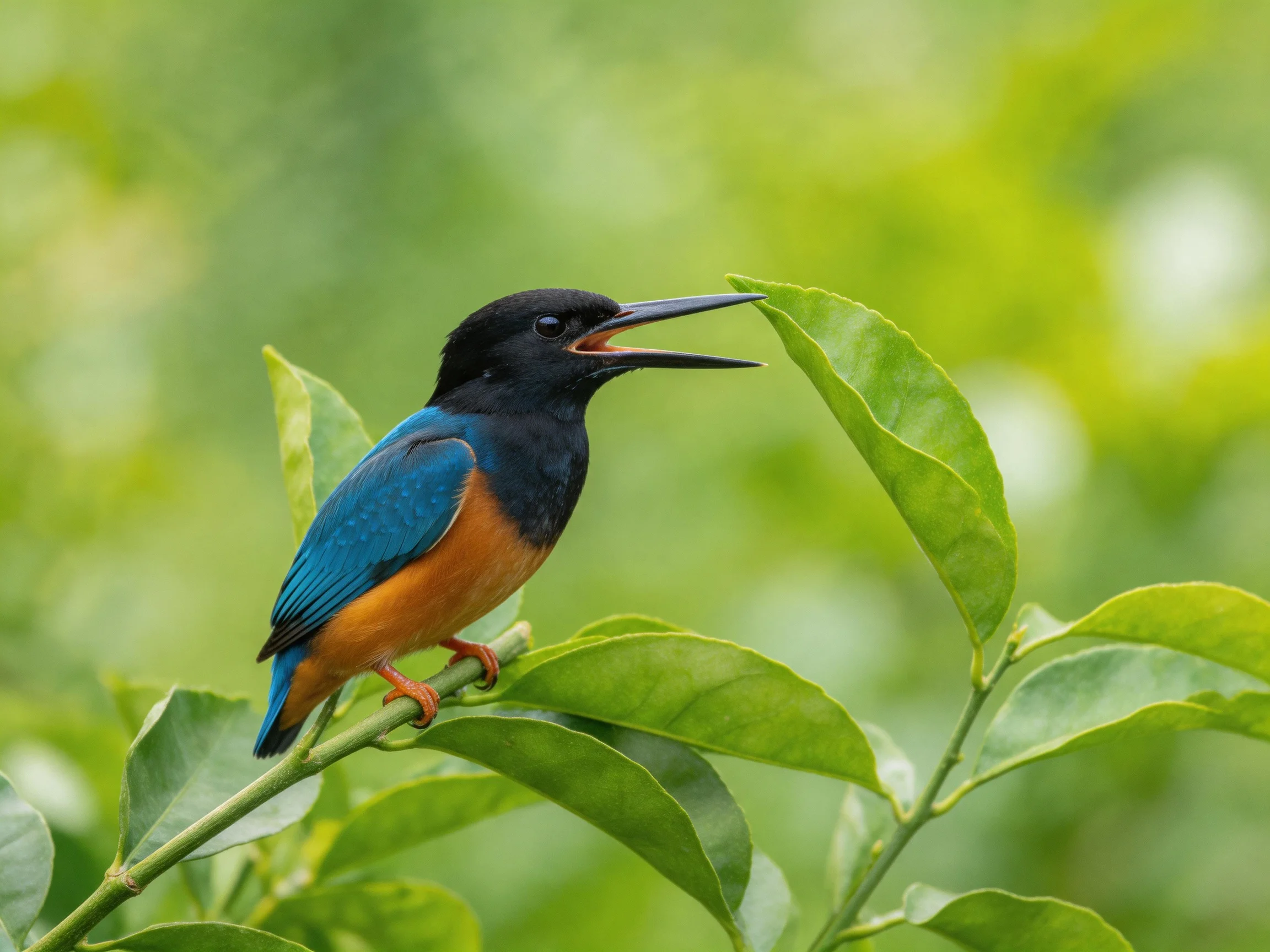 A black-headed kingfisher with blue wings sits on green leaves.