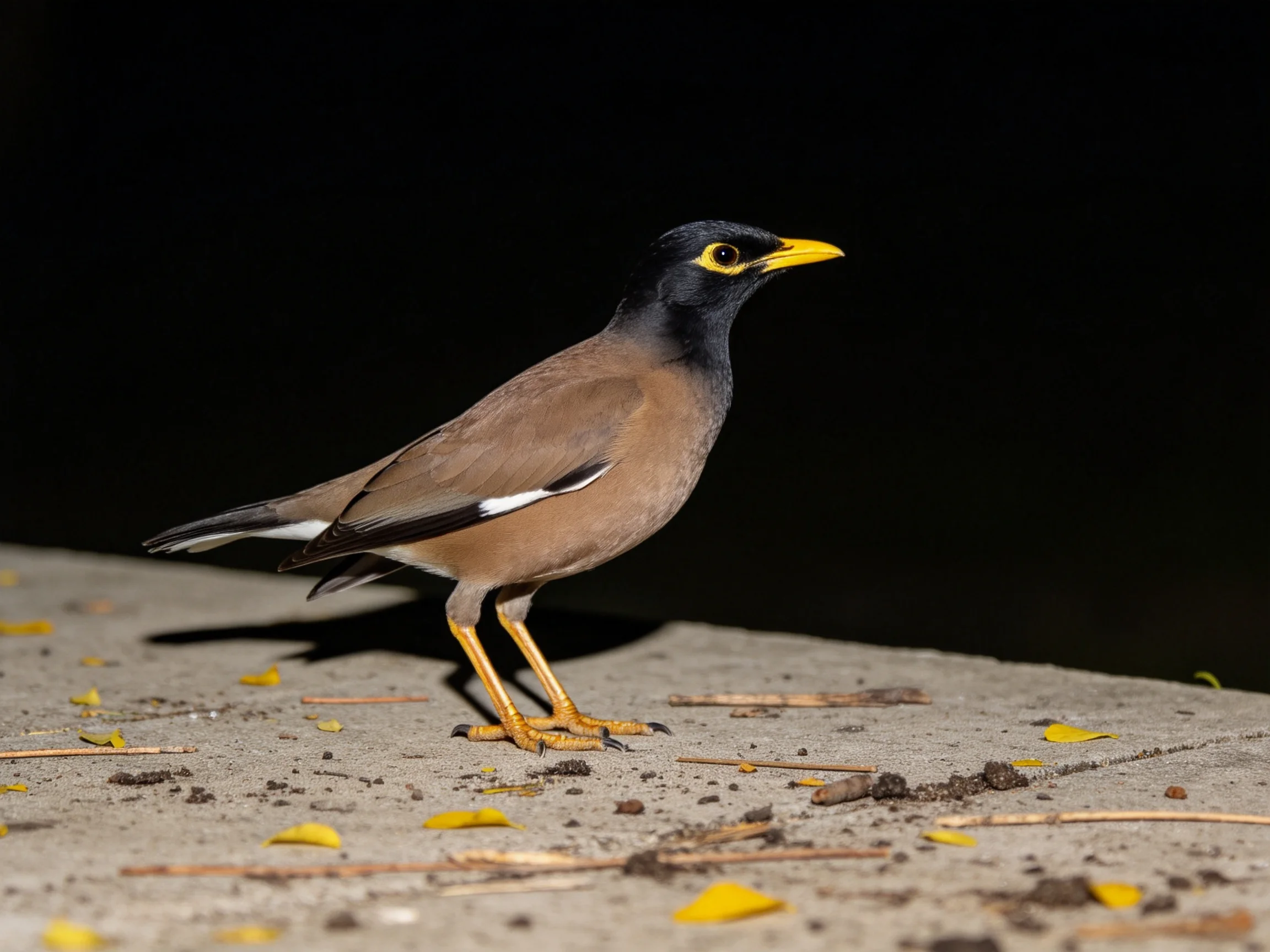 A black-headed myna with yellow beak stands on a concrete surface