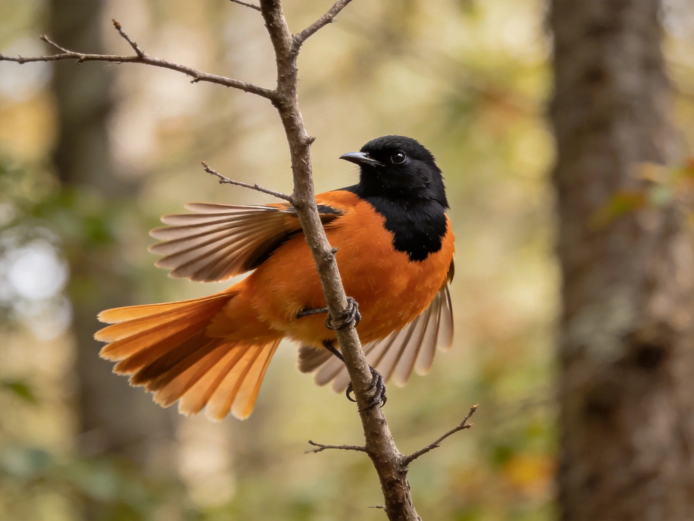 A black-headed orange bird perched on a thin tree branch