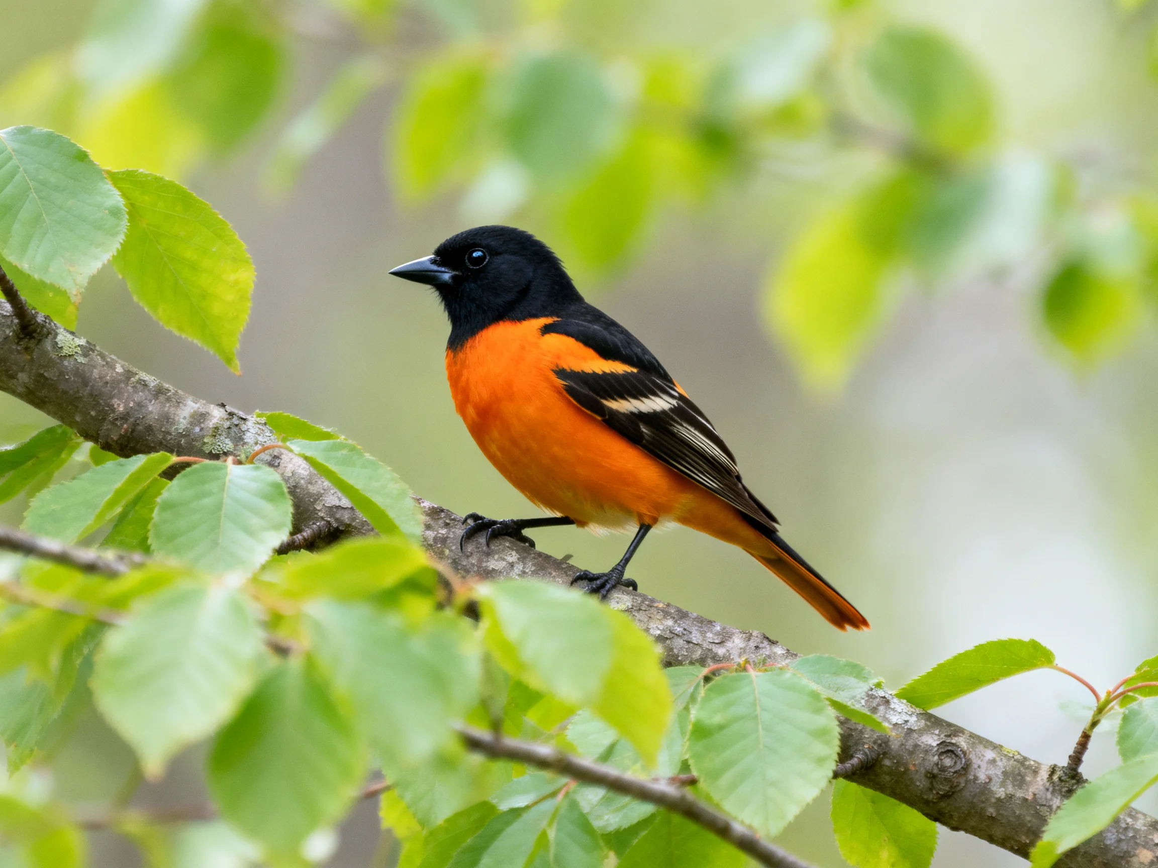 A black-headed orange bird perched on a tree branch among green leaves