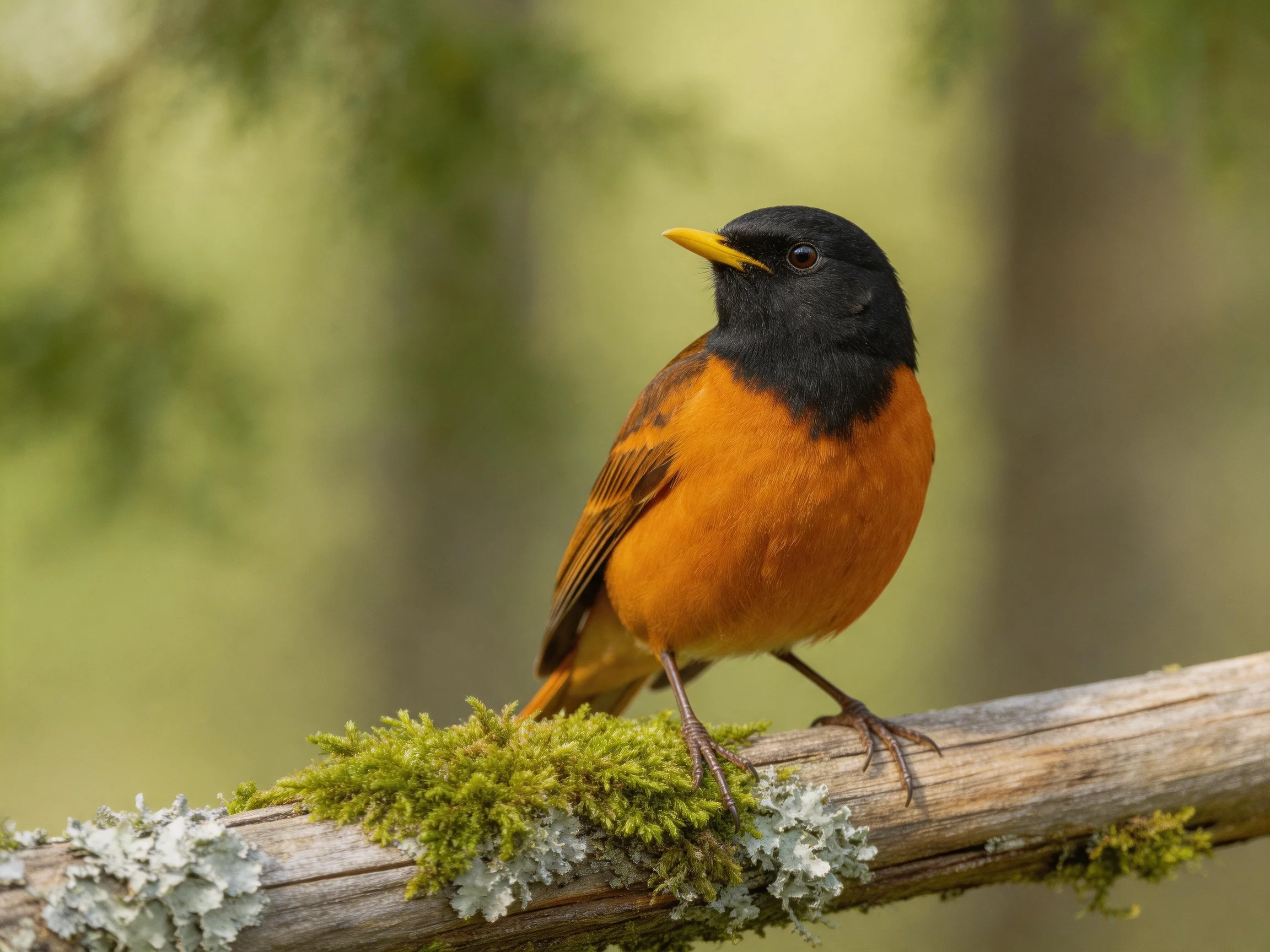 A black-headed orange bird perches on a mossy wooden branch