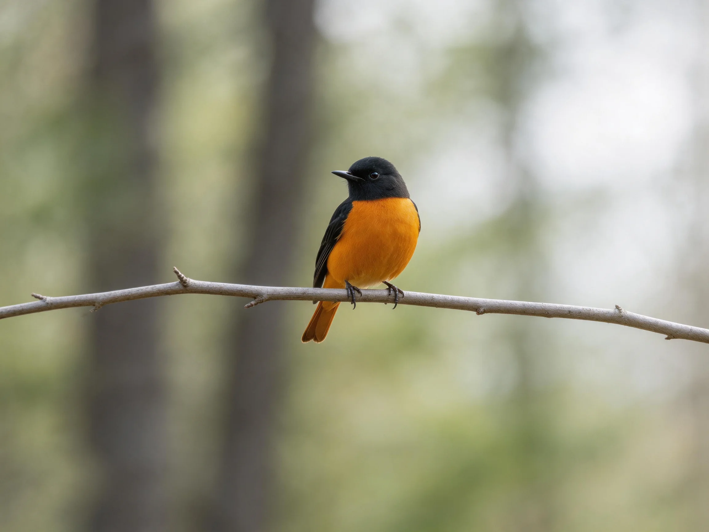 A black-headed orange-breasted bird perched on a thin branch