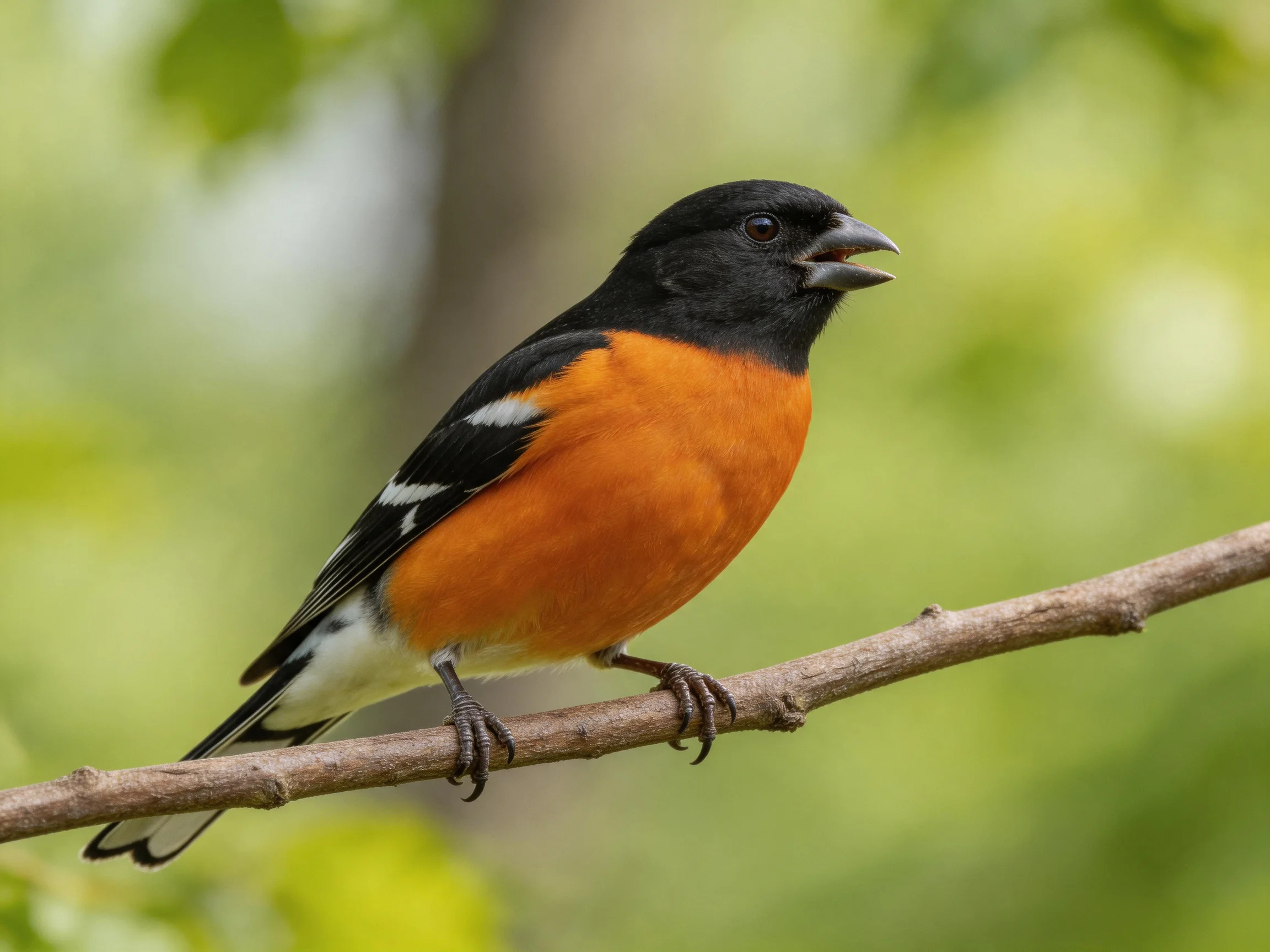 Black-headed, orange-chested bird perched on a branch.