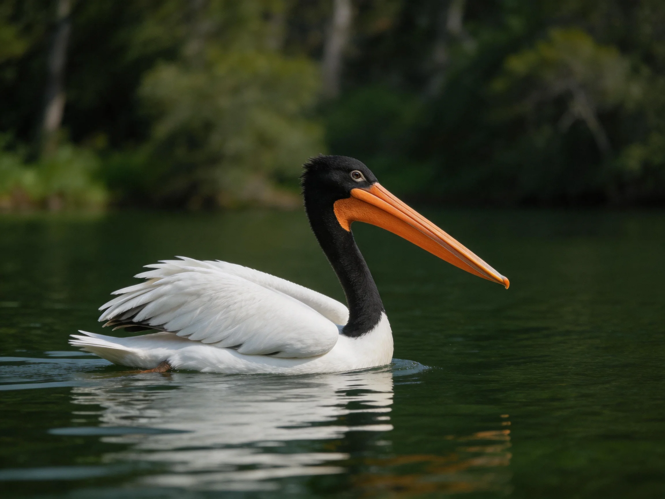 A black-headed pelican swims in calm green water near trees
