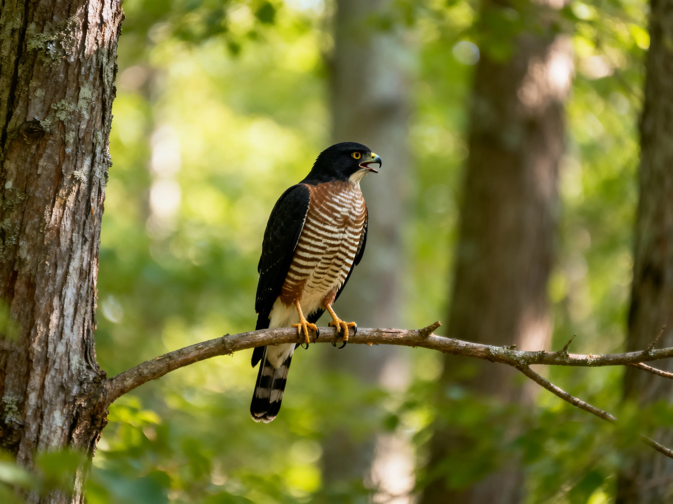 A black-headed raptor perched on a slender tree branch in dense forest