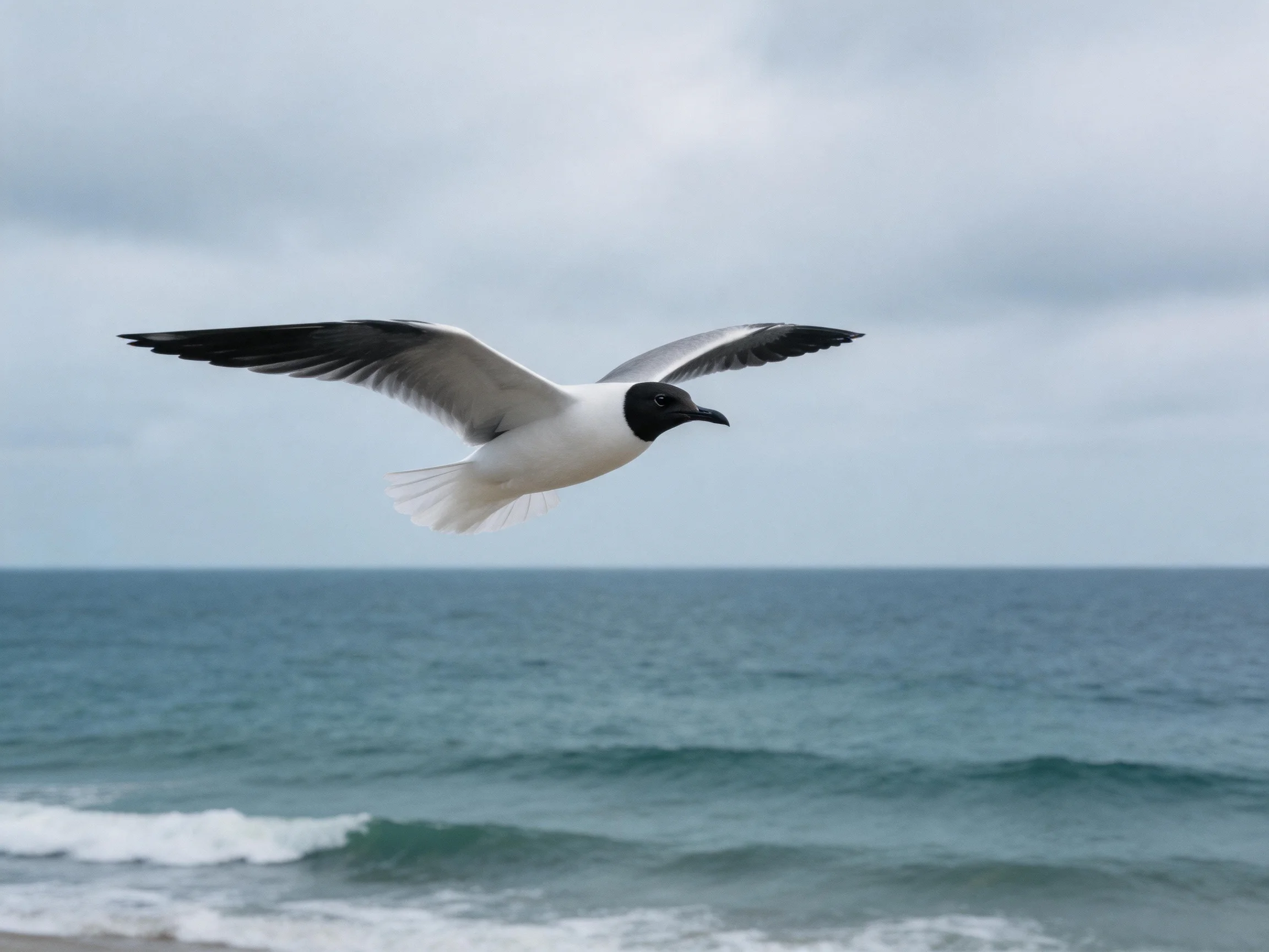 A black-headed seabird flies over blue ocean waves