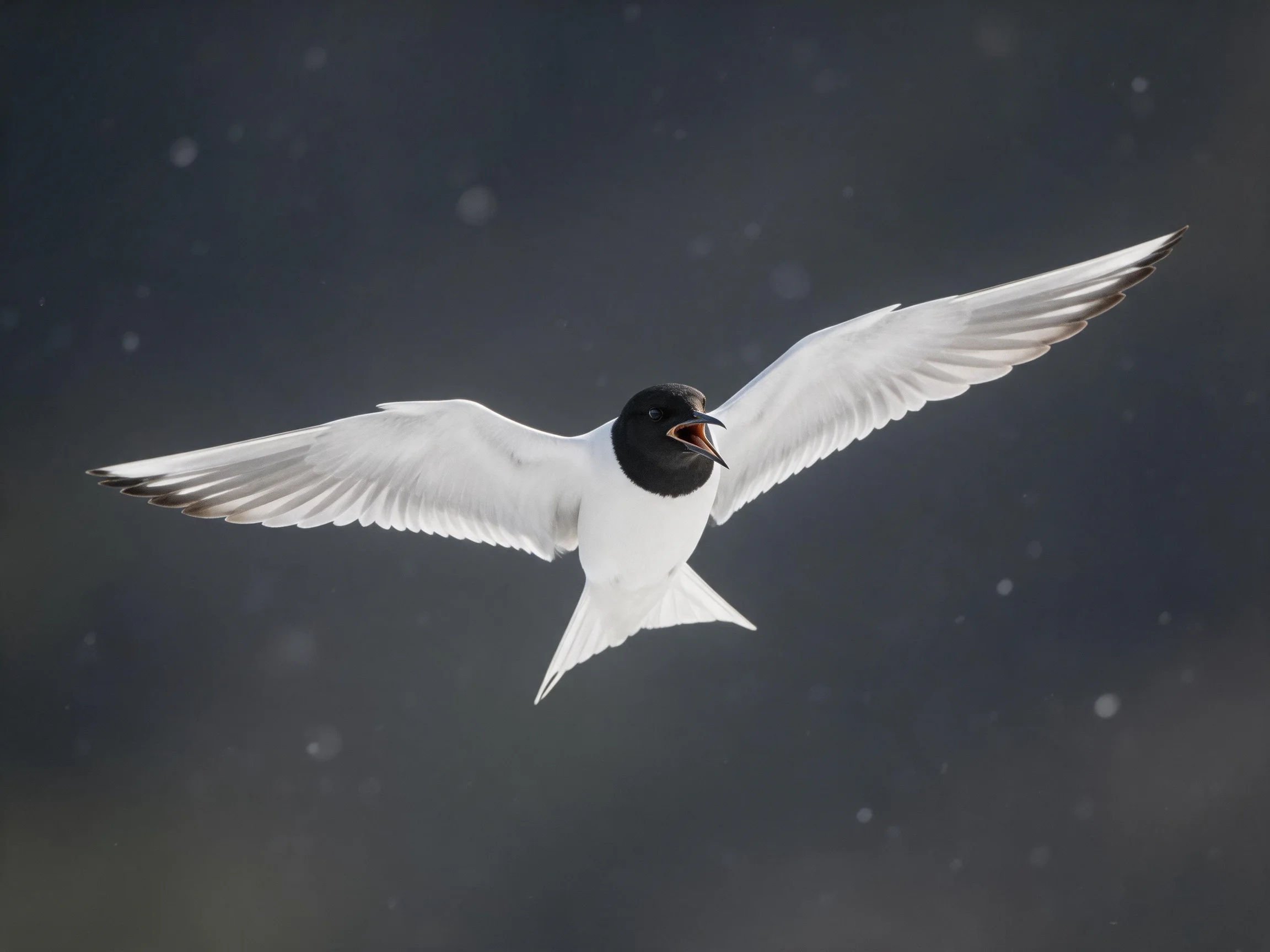 A black-headed seabird soaring with outstretched wings