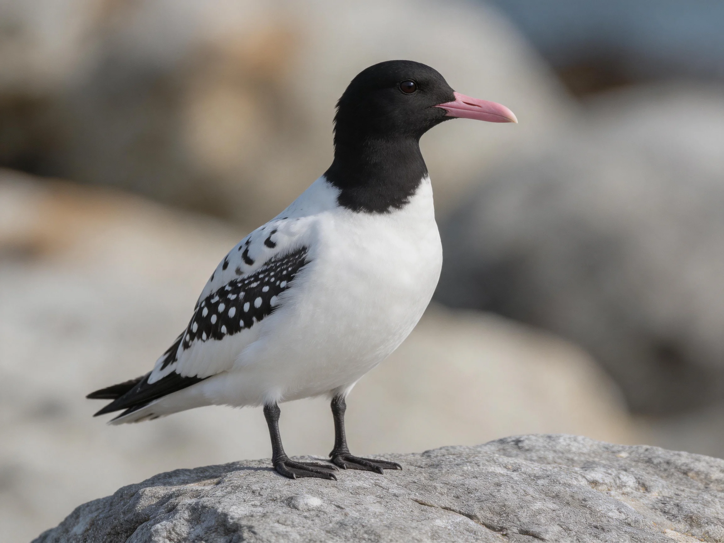 A black-headed seabird with spotted wings perched on a gray rock
