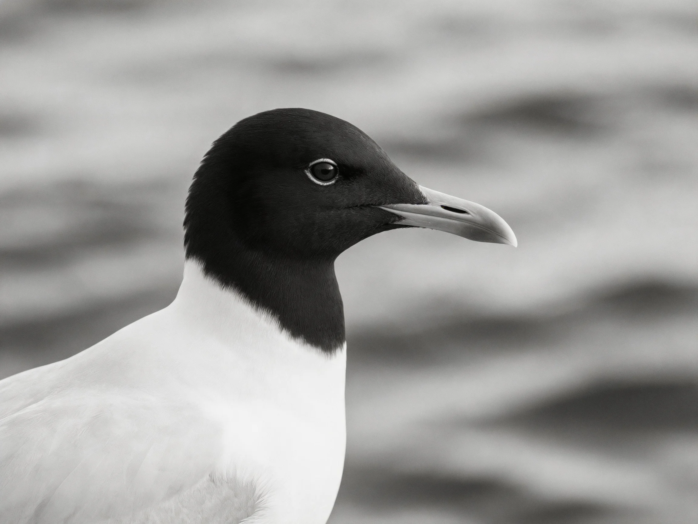A black-headed seabird with white plumage near rippling water