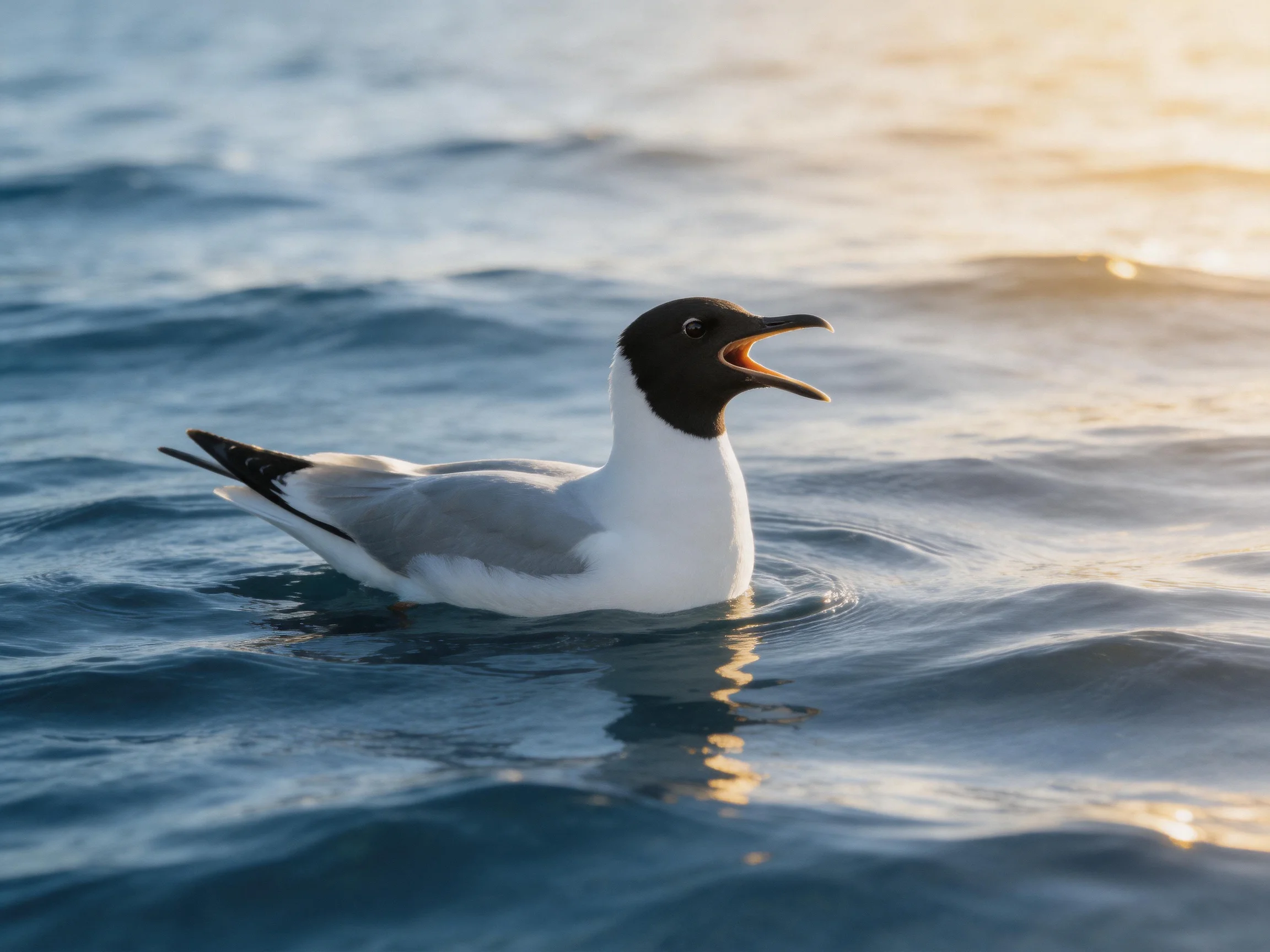 A black-headed seagull swims in sunlit blue waters