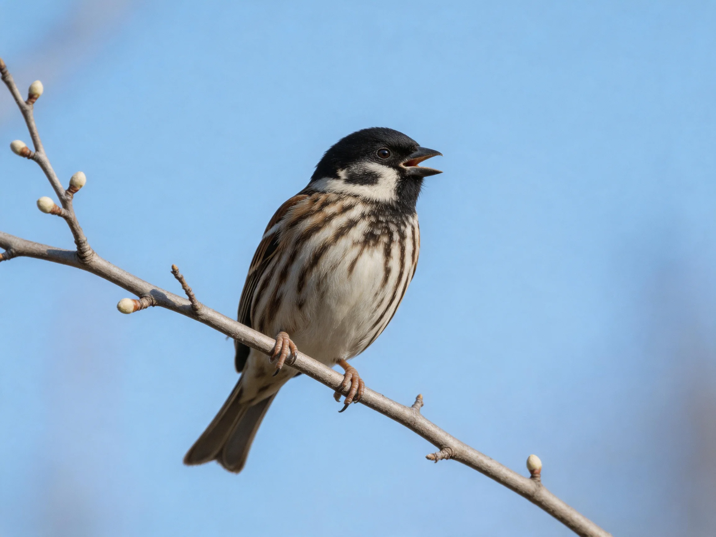 A black-headed sparrow with striped feathers perches on a budding branch