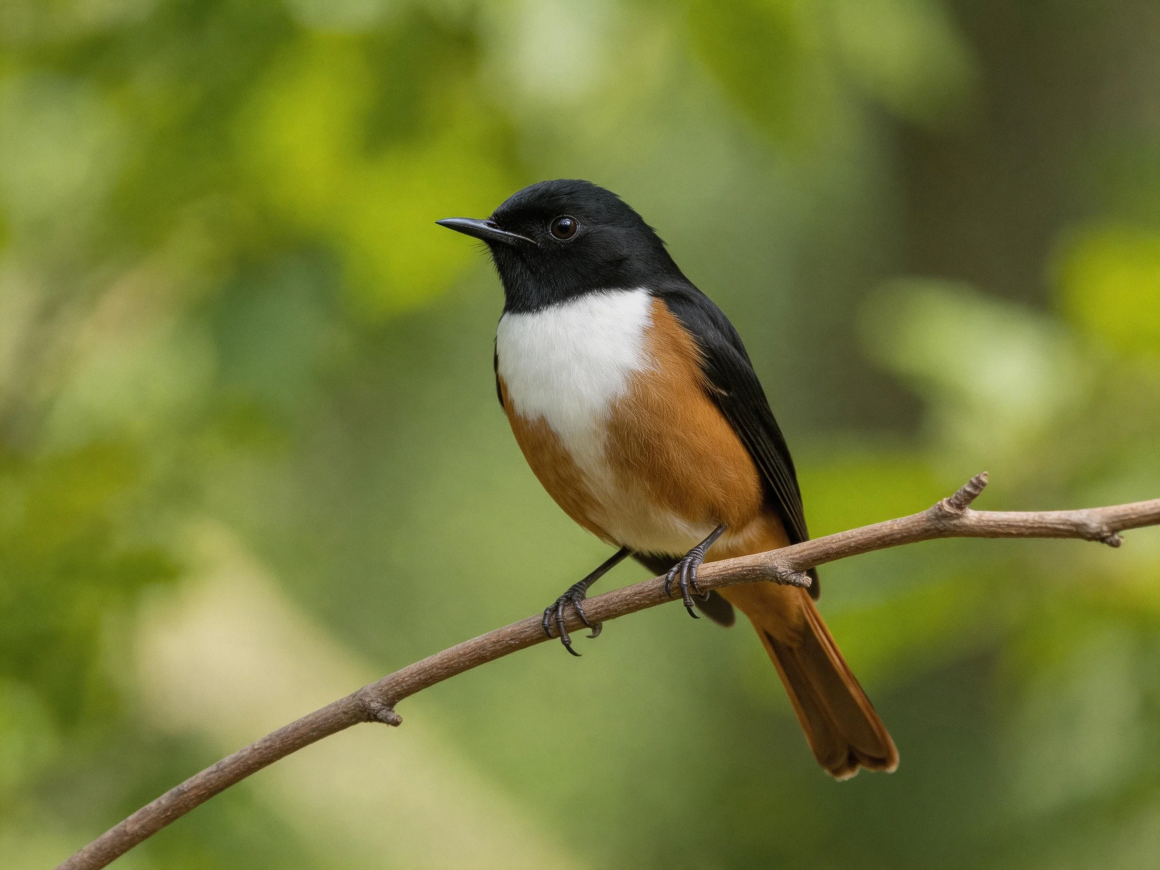 A black-headed white-chested orange-bellied bird perched on a branch