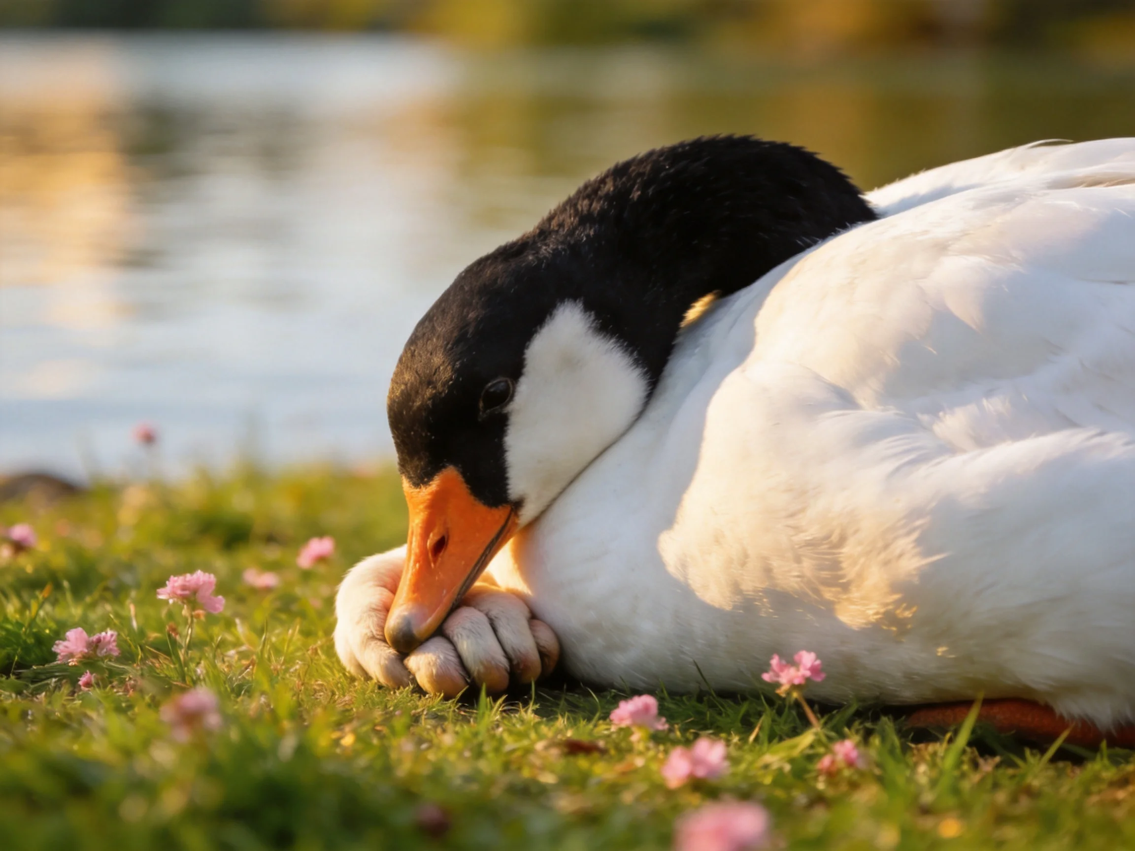 A duck rests on grass near water, surrounded by small pink flowers.