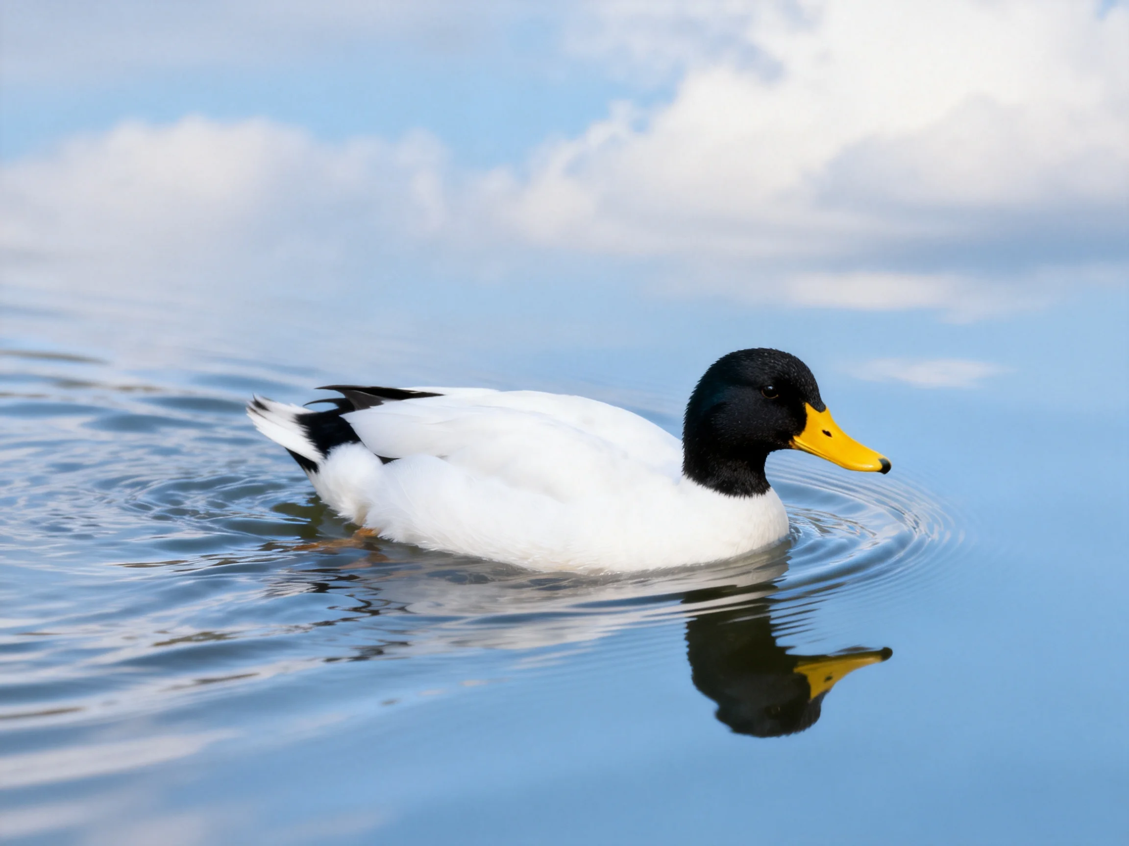 A black-headed white duck swims in calm blue water